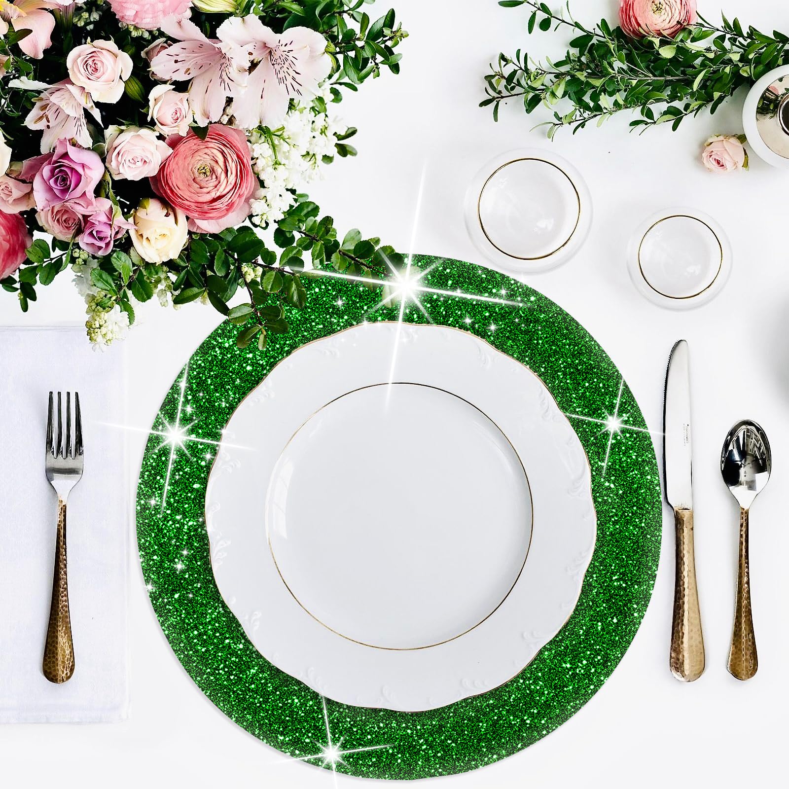 **Glitter Sparkle Round Placemats Set of 4 - 15.4 Inch Green Placemats for Kitchen Table, Kids, Christmas & Wedding Party Decor | Durable & Stylish Dining Mats**    *(Use: Perfect for festive dinners, holiday gatherings, kids' parties, and elegant wedding table settings!)*