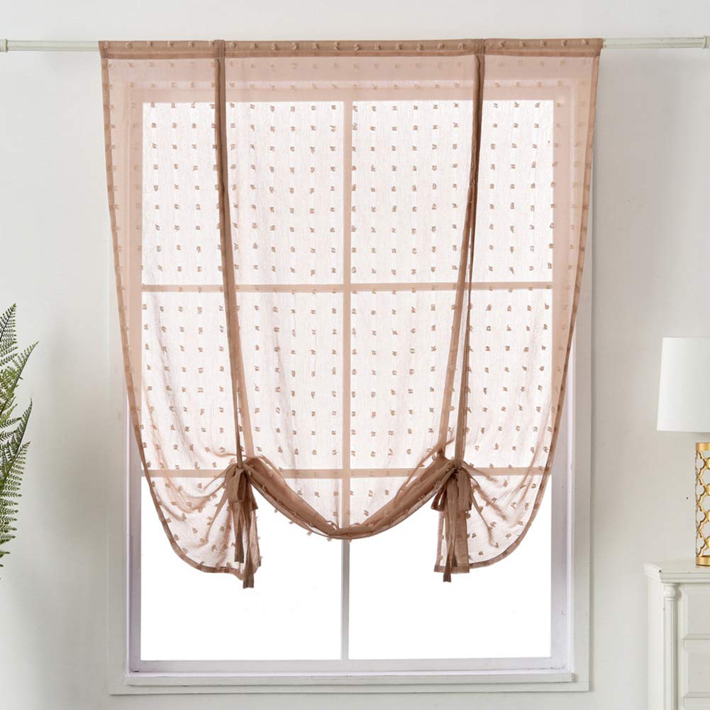 XSlive Semi Sheer Tie-Up Window Curtain - Light Filtering Adjustable Balloon Valance with Rod Pocket, Coffee 42x63 Inches - Perfect for Living Room, Bedroom & Small Windows - Elegant Home Decor for Sun Protection & Privacy