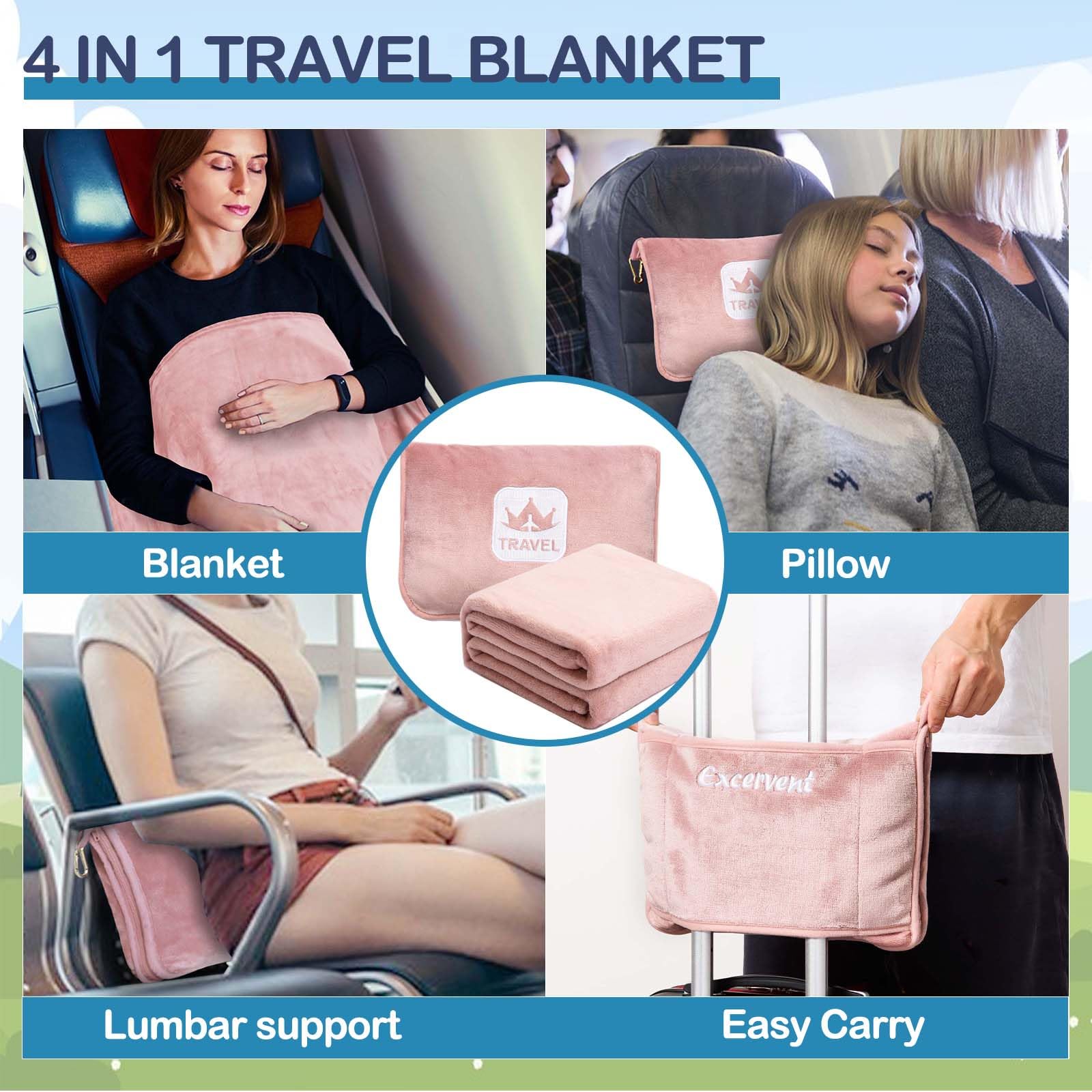 Excervent 2-in-1 Travel Blanket & Pillow - Soft Flannel Airplane Blanket with Carry Case & Luggage Strap (65x40 Inches, Pink) - Perfect for Flights, Road Trips, Camping & Home Comfort