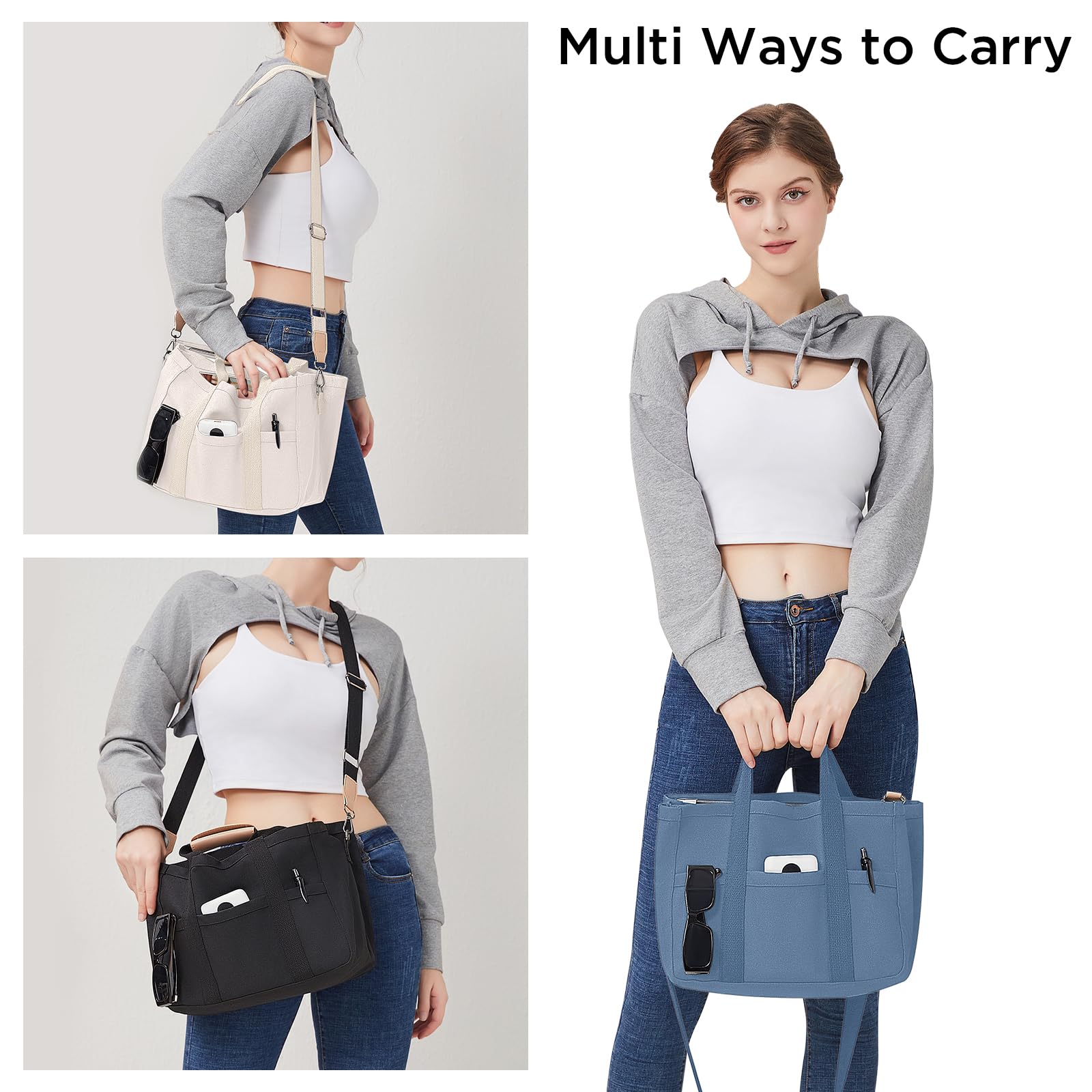 Stylish Canvas Tote Bag for Women with Multiple Pockets & Compartments - Crossbody Shoulder Handbag for Work, Travel & Shopping | Durable Everyday Carry All Organizer Bag