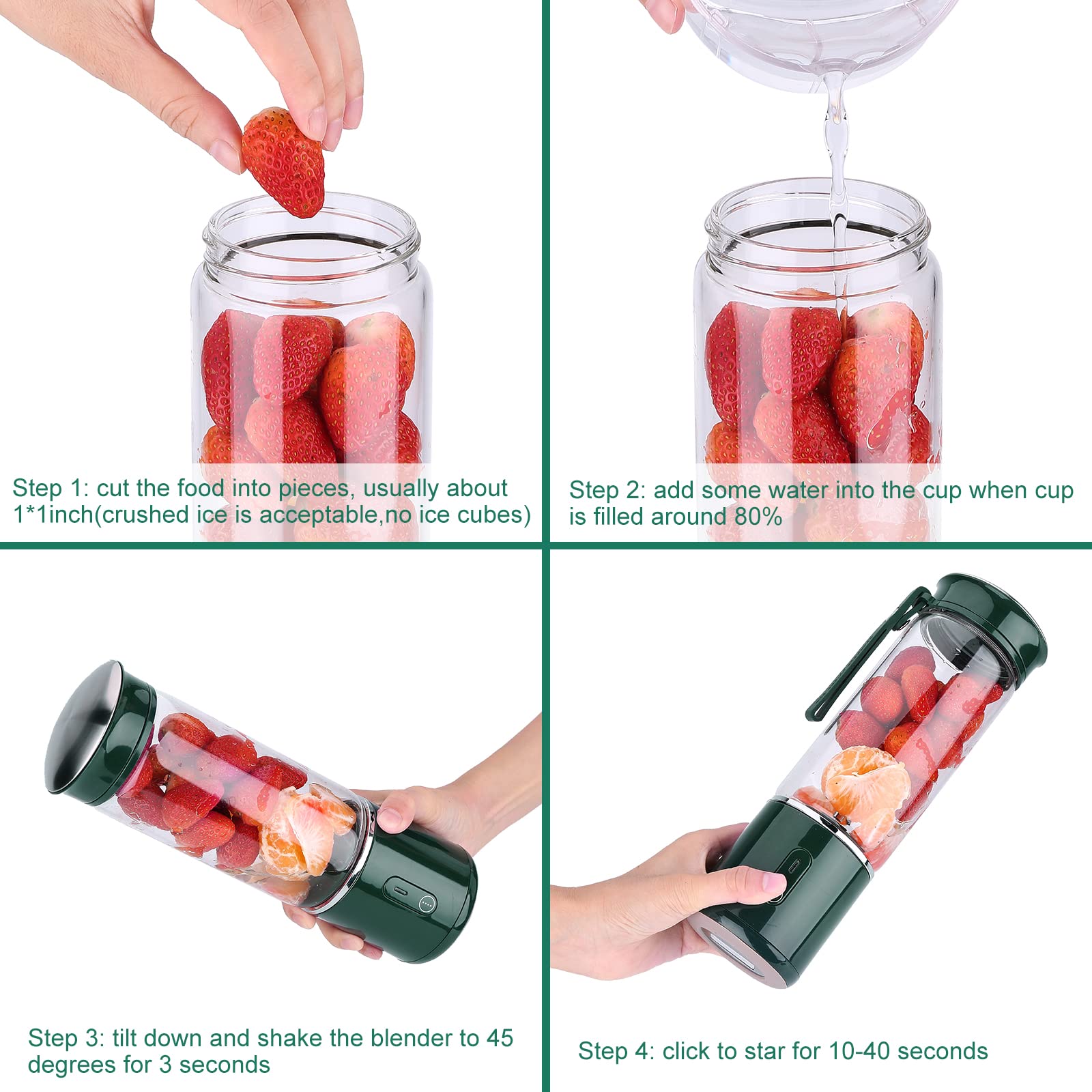 BlumWay 400ML Portable USB Rechargeable Smoothie Blender - 7.4V Motor with 6 Blades for Fruits, Juices, Milk Shakes & Baby Food - Compact Mini Mixer for Kitchen, Travel, Gym & Camping (Green)