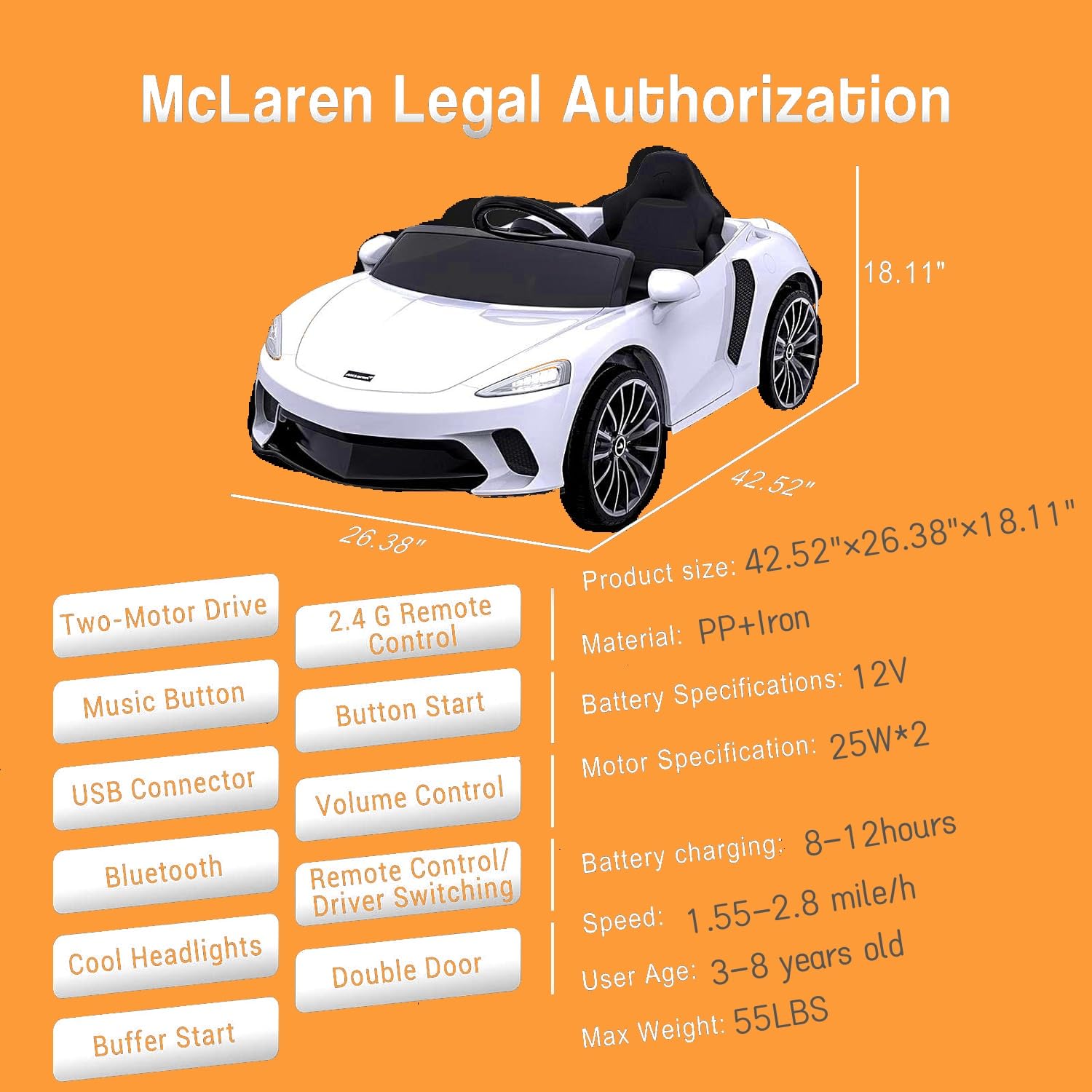 12V Licensed Kids Ride On Car with Parent Remote Control - LED Headlights, Sound System & 2-Speed Electric Vehicle - White Toy Car for Toddlers | Perfect for Birthday Gifts, Outdoor Play & Backyard Fun