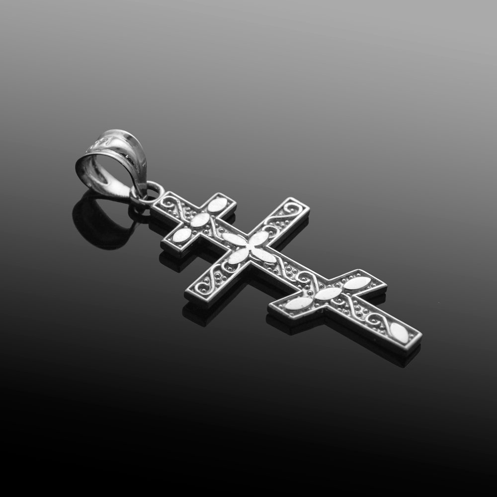 10k White Gold Russian Orthodox Cross Pendant with Claddagh Design - Religious Jewelry for Baptism, First Communion & Spiritual Gifts
