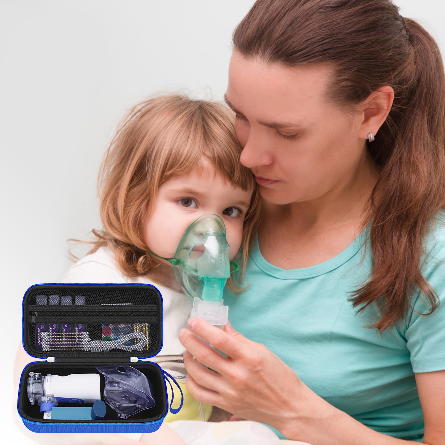 Portable Handheld Inhaler Nebulizer Machine Carrying Case for Adults & Kids - Asthma Travel Case with Mesh Pocket for Saline Solution & Cable (Blue) - Perfect for Home, Travel, and Emergency Use