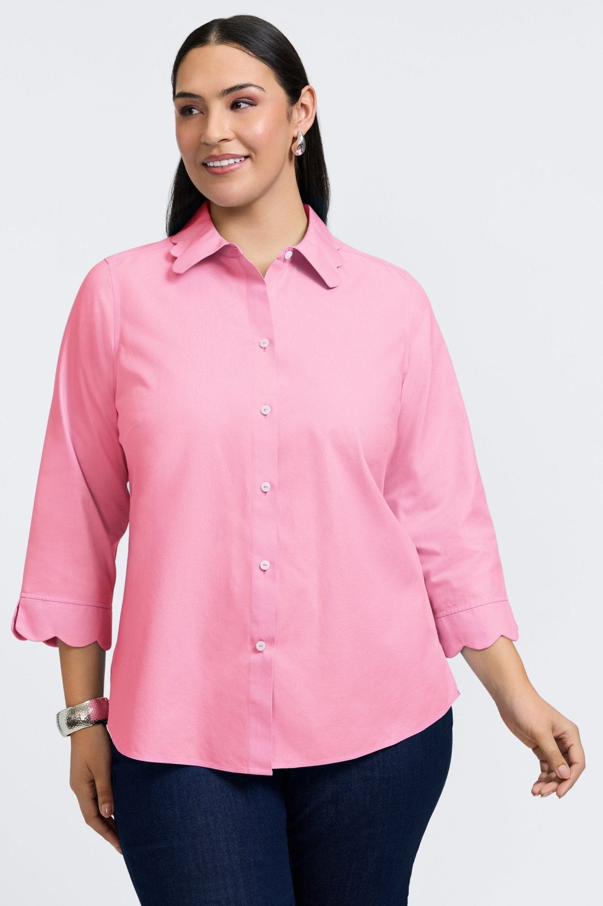 Gwen Plus No Iron Pinpoint 3/4 Sleeve Shirt for Women - Wrinkle-Free Office Blouse & Business Casual Wear