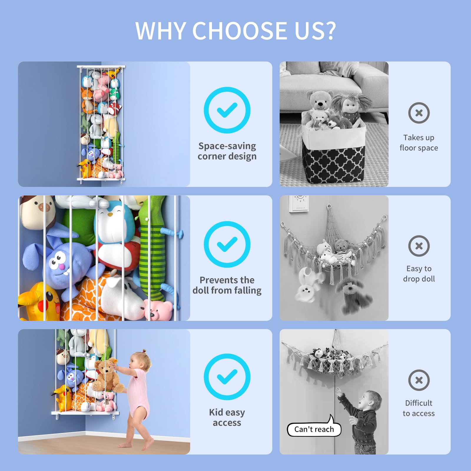 Corner Stuffed Animal Storage Net with LED Lights - Adjustable Hanging Plush Toy Organizer Hammock for Kids Room, Playroom, Bedroom & Nursery Decor - Perfect for Storing Teddy Bears, Dolls & Soft Toys