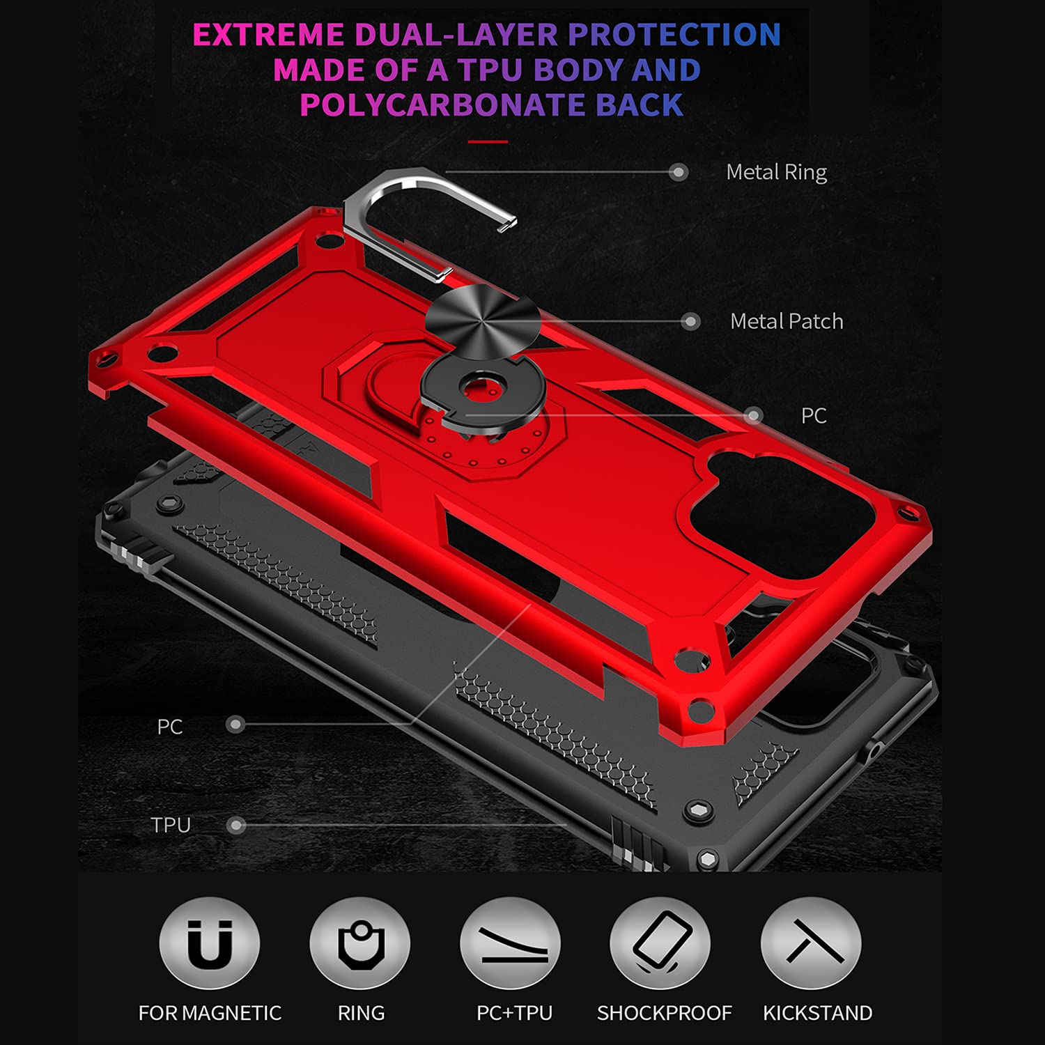 Nakedcellphone Bandit Series Samsung Galaxy A42 5G Case [Red] - Flexible TPU Phone Cover with Finger Grip, Viewing Stand & Metal Mounting Plate | Anti-Shock Protection for Everyday Use, Travel & Outdoor Activities
