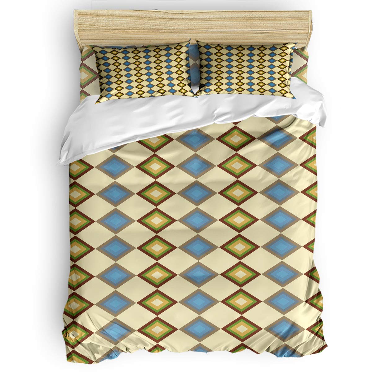 1998 Soft 4-Piece Mid Century Modern Duvet Cover Set - Blue & Yellow Geometric Pattern Luxury Bedding with Zipper Closure - Queen Size for Kids, Teens & Adults - Perfect for Bedroom Decor & Cozy Sleep