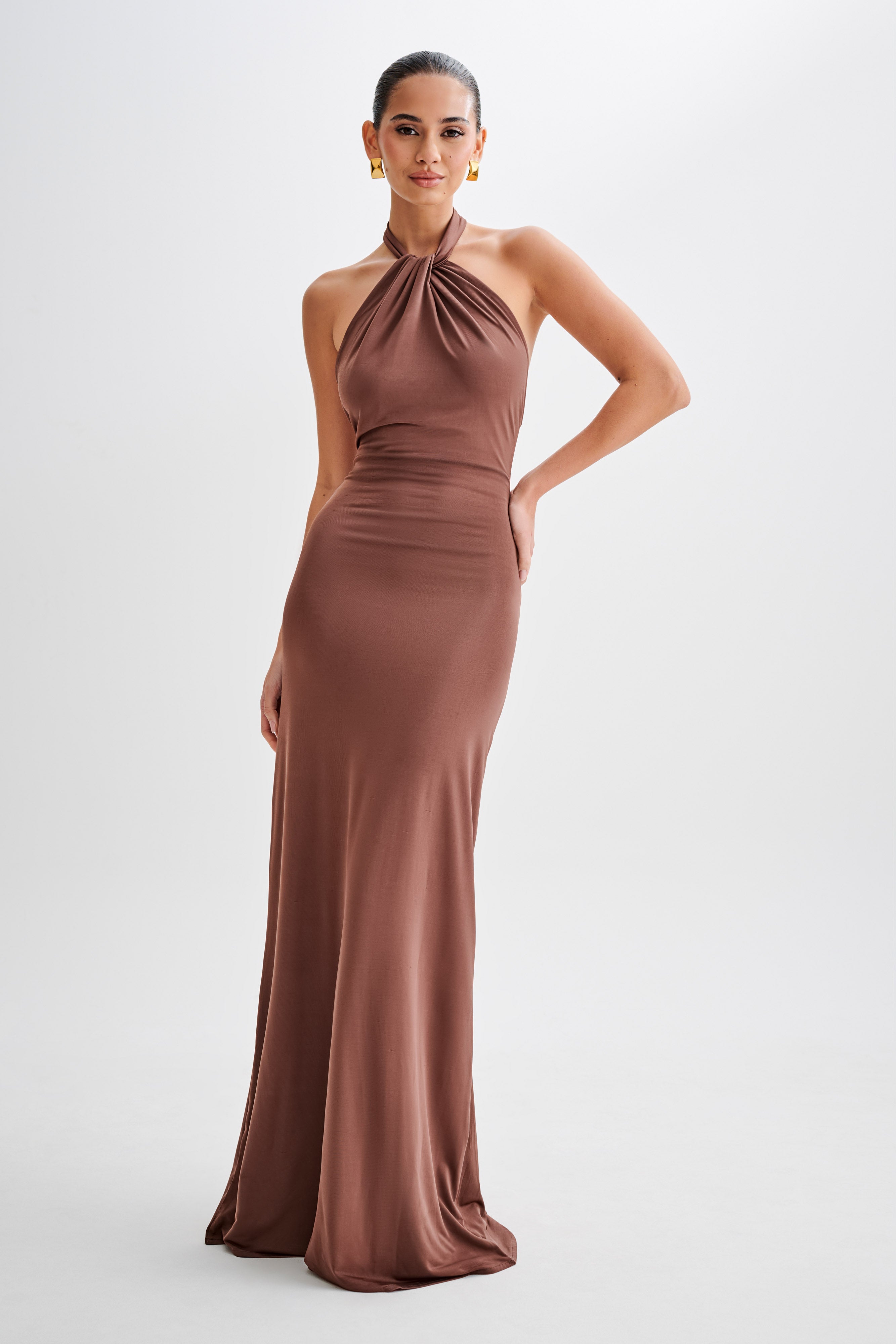 Elyna Slinky Halter Maxi Dress in Chocolate - Elegant Summer Beach Party & Evening Formal Wear for Women