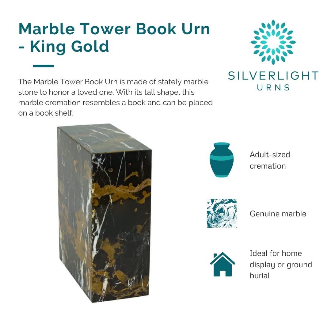 King Gold Marble Tower Urn - Genuine Book-Shaped Marble Cremation Urn for Ashes, 10 Inch Height - Perfect for Memorial Display & Home Decor