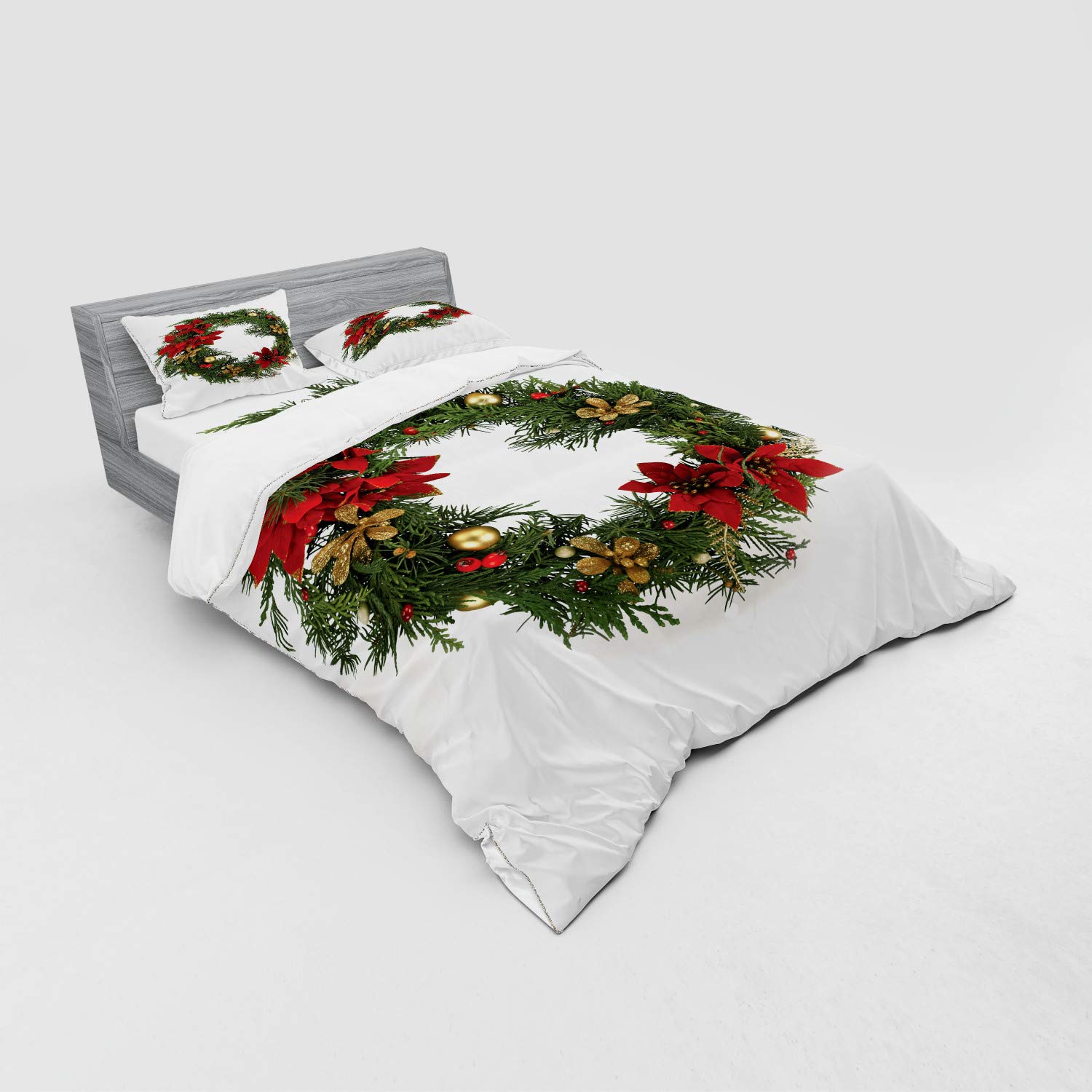 Ambesonne Christmas Bedding Set 4-Piece - Floral Wreath Design with Poinsettia, Holly & Pine Branches - California King Duvet Cover Set with Shams & Fitted Sheet - Holiday Home Decor for Festive Bedroom Makeover