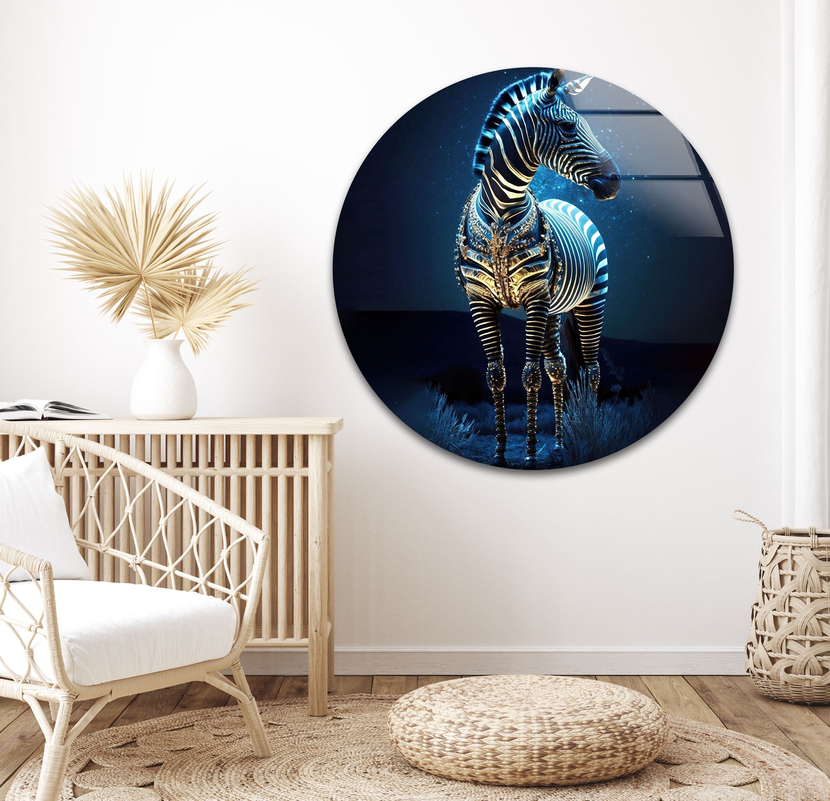 Blue Zebra Glass Wall Art - Modern Home Decor for Living Room, Bedroom & Office - Handmade Glass Painting for Unique Interior Design