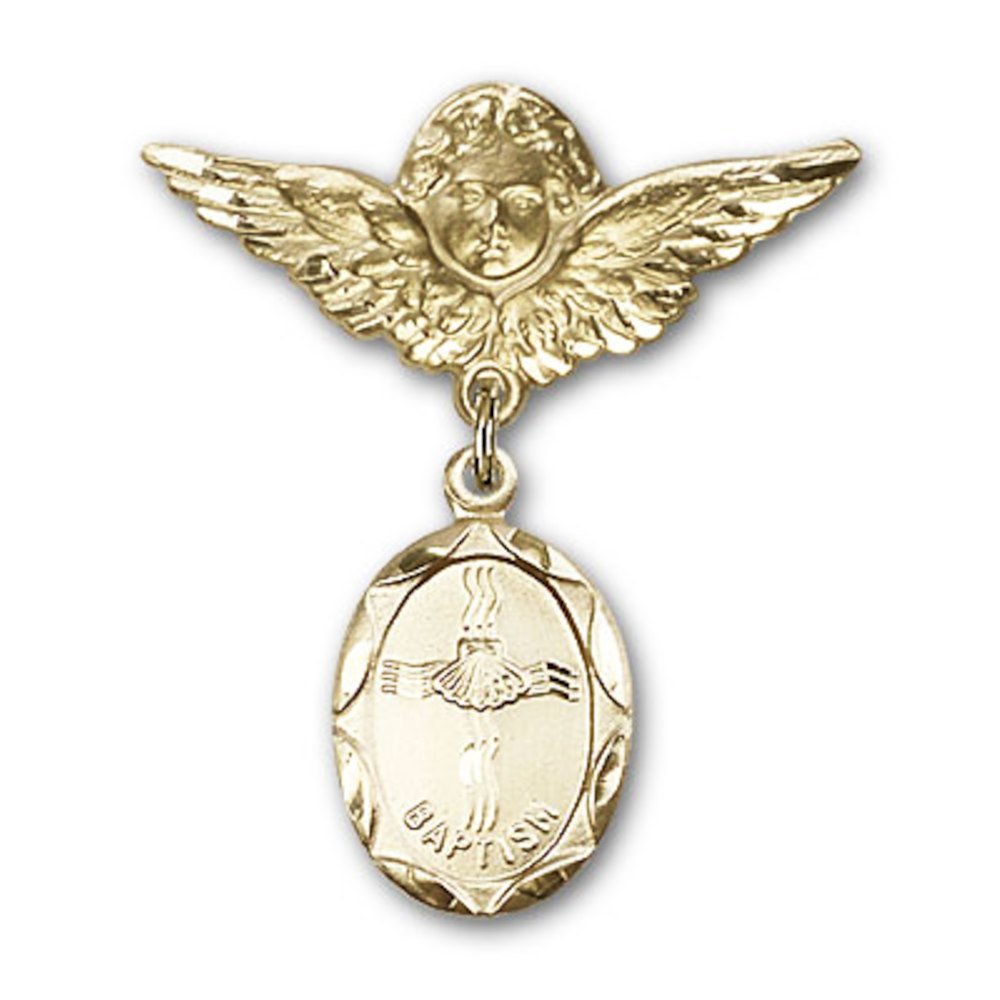 Gold Filled Baby Baptism Badge Pin with Angel Wing Charm - 1 3/8 x 1 1/8 Inch - Perfect for Christening Gifts, Baby Showers & First Communion Keepsakes