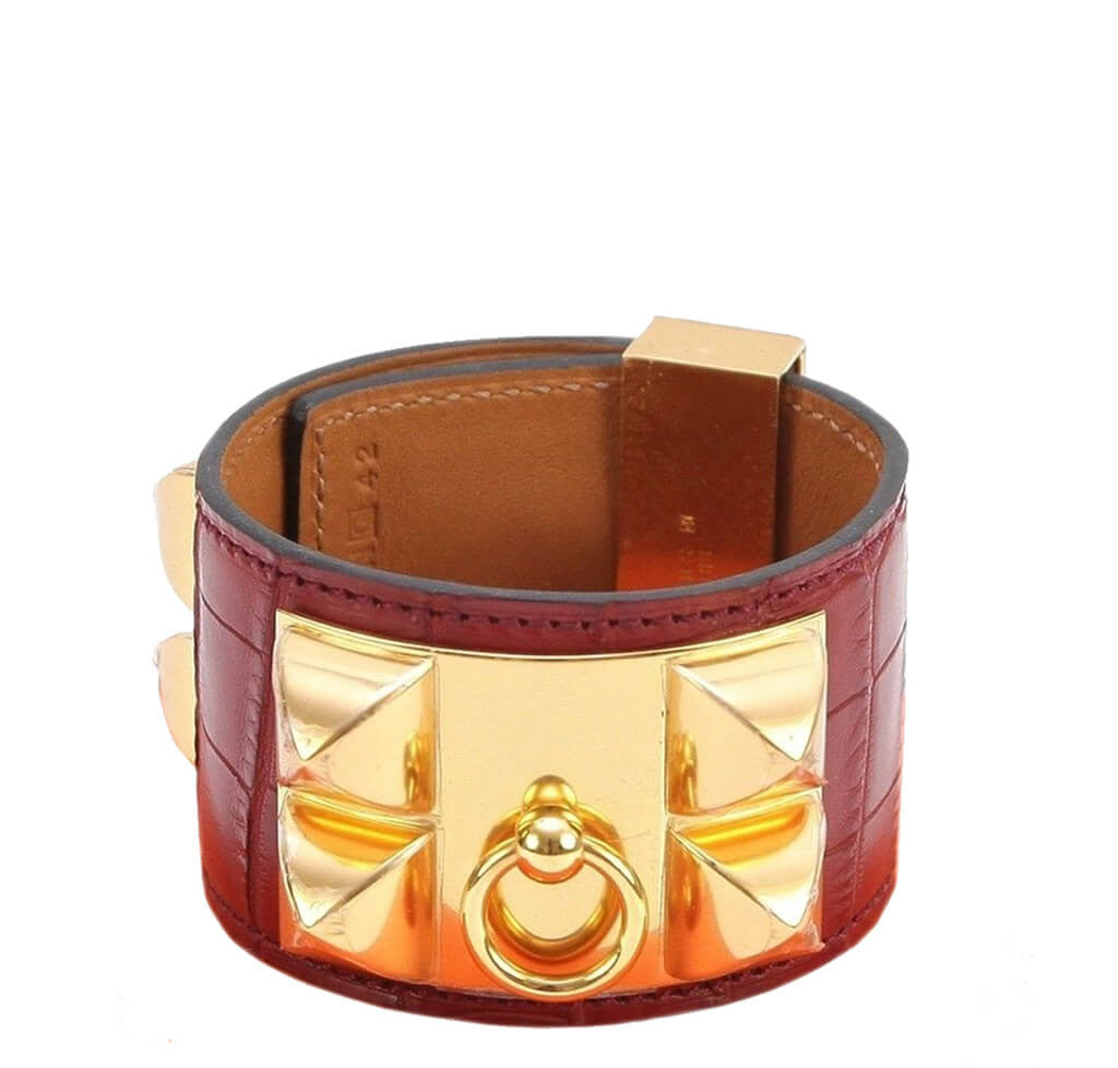 Hermès Collier de Chien Bracelet in Rouge Alligator Leather - Luxury French Designer Cuff Bracelet for Women, Perfect for Evening Events & Special Occasions