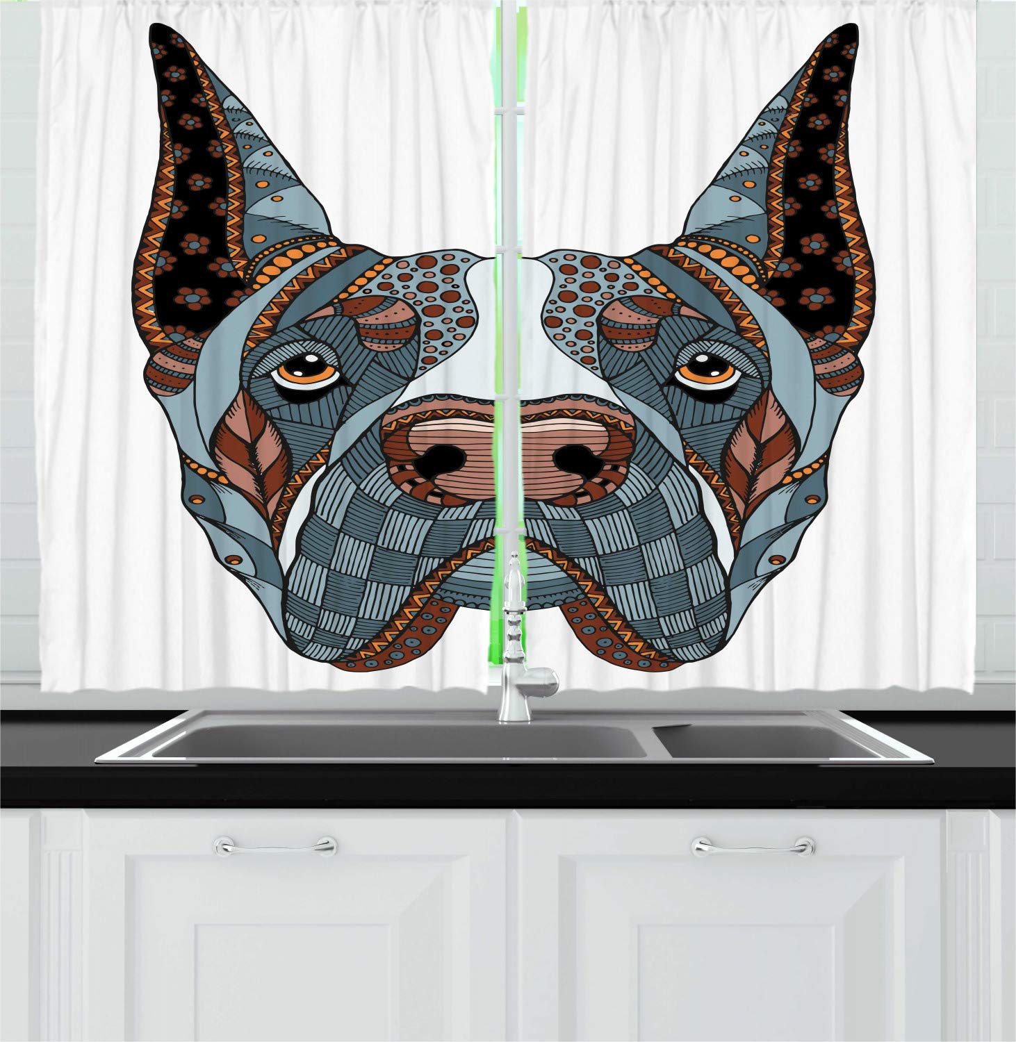 Ambesonne Dog Lover Kitchen Curtains - Floral Zentangle Inspired Abstract Dog Head Design, 2 Panel Window Drapes for Kitchen & Cafe Decor, 55