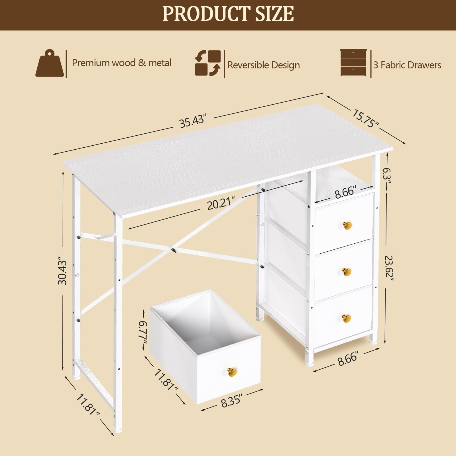 White Vanity Desk Without Mirror - Small Makeup Table with 3 Fabric Drawers & Storage Hook - 35.4 Inch Dressing Table for Small Spaces - Perfect for Bedroom, Apartment & Dorm Room Organization