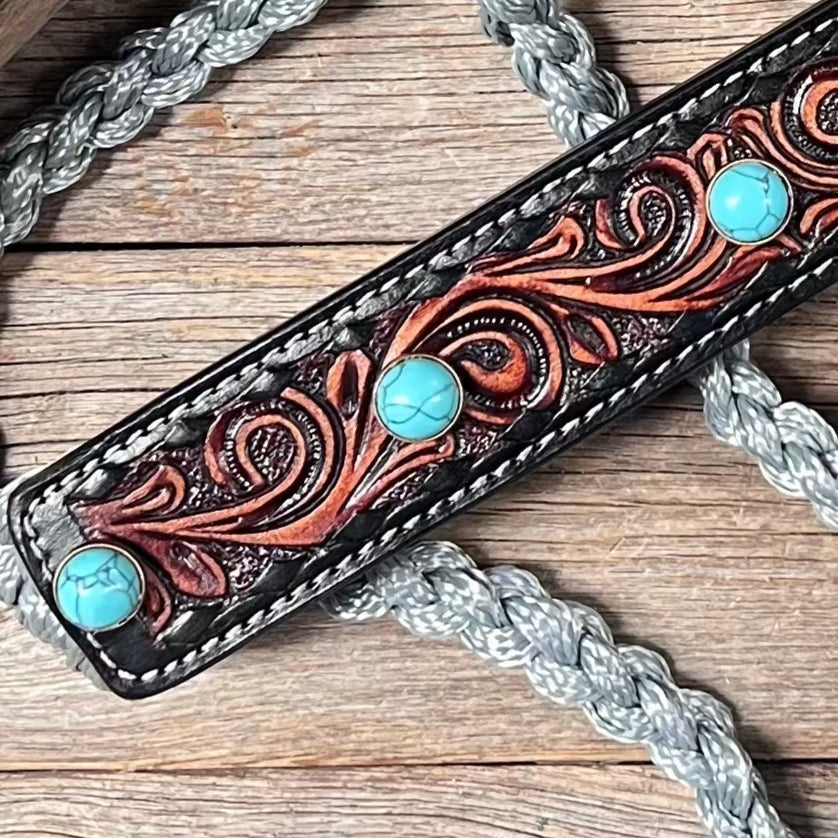 Grey Mule Tape Halter Necklace with Turquoise Cabochon - MT232 | Boho Chic Jewelry for Women, Perfect for Festivals & Everyday Wear