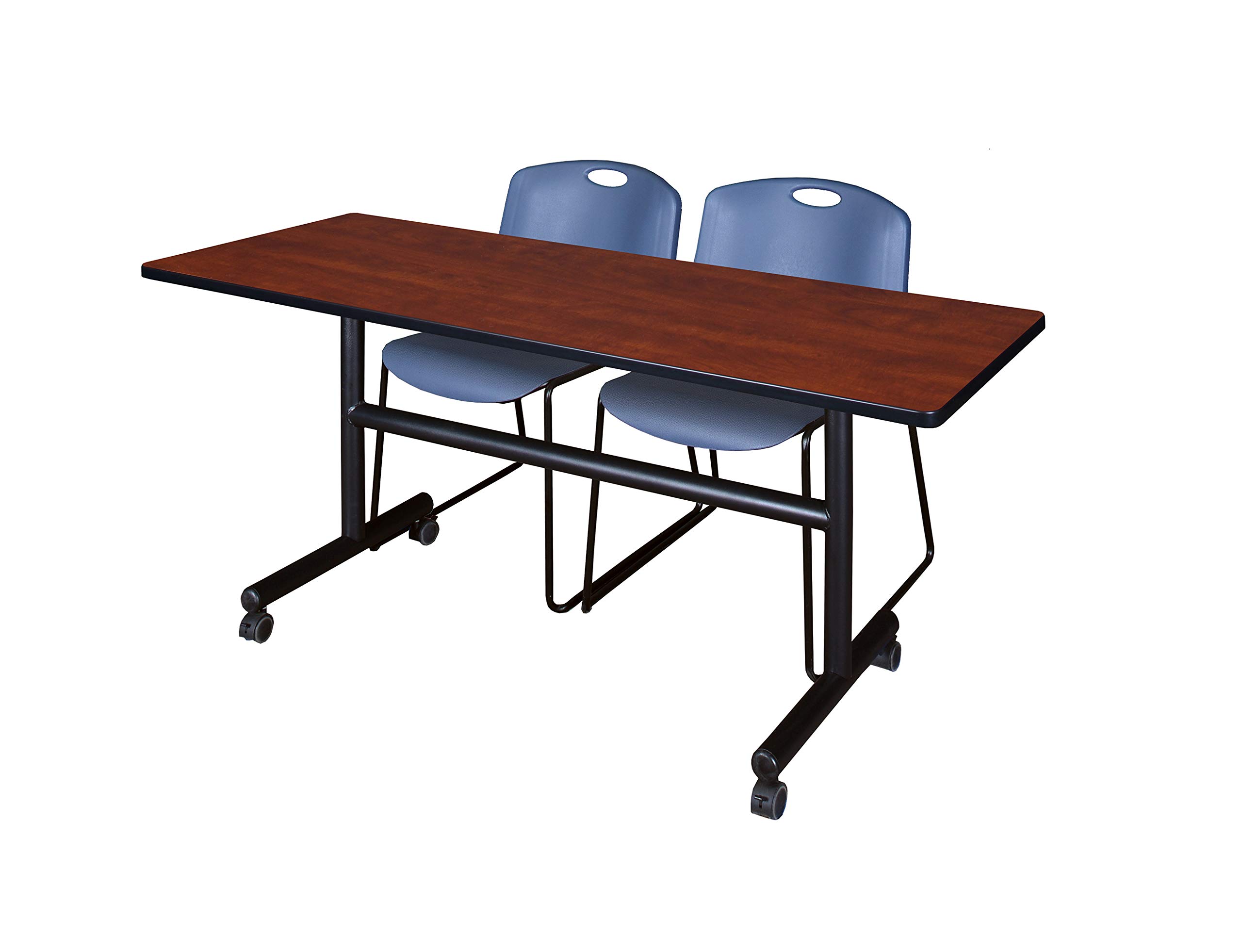 Kobe 60 Inch Flip Top Mobile Training Table with Cherry Finish & 2 Zeng Stack Chairs in Blue - Foldable Conference Table Set for Office Meetings, Classrooms, and Training Sessions