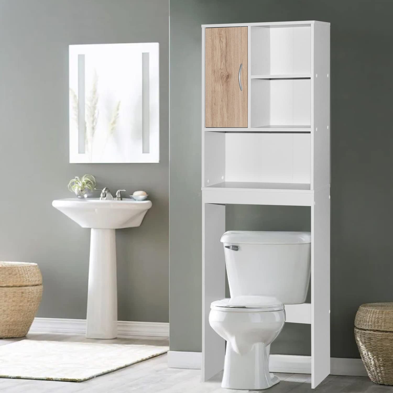 Better Home Products Ace Over-The-Toilet Storage Organizer - White & Natural Oak Bathroom Shelf for Towels, Toiletries & Decor - Space Saving Solution for Small Bathrooms