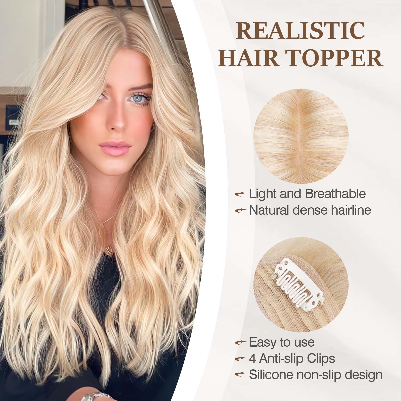 100% Human Hair Toppers for Women with Thinning Hair - 10 Inch Remy Clip-In Topper with Silk Base in Ash Blonde Highlights (#18P613) | Perfect for Daily Wear, Special Occasions & Hair Volume Enhancement