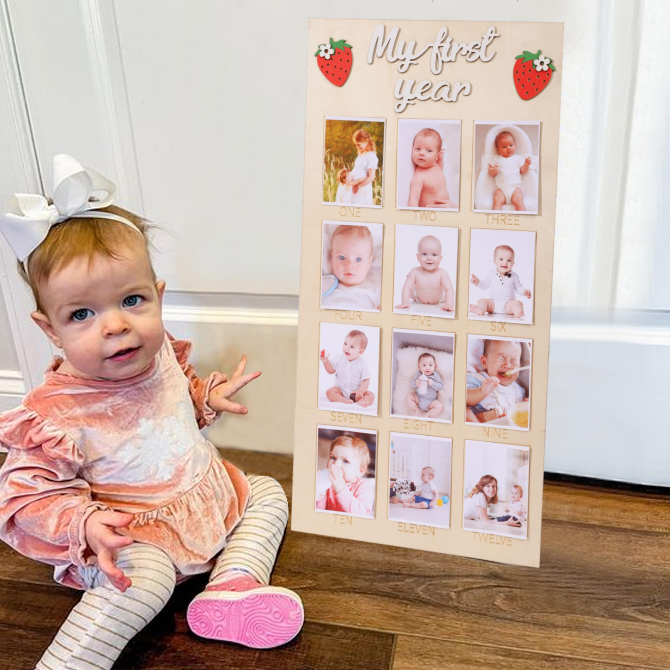 WAUAO 1st Birthday Photo Board - Strawberry Themed Wooden Milestone Decor for Baby's First Birthday | 12 Monthly Photo Props, Berry Inspired Nursery Decor | Perfect for Birthday Parties, Baby Showers & Nursery Room Decorations