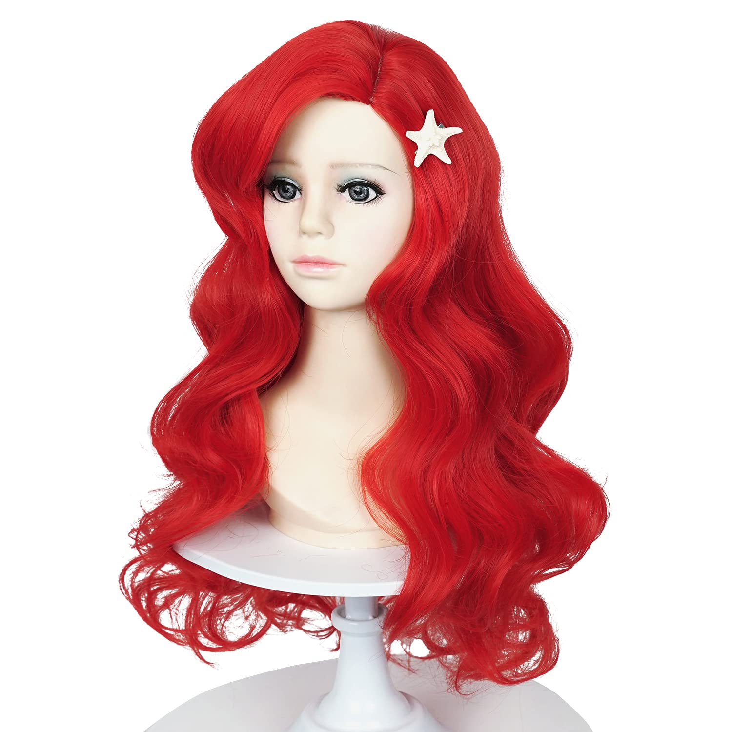 ProBeauty 21-inch Red Mermaid Wig for Kids & Girls - Curly Wave Synthetic Hair with Starfish Hair Clips | Perfect for Halloween Costumes, Cosplay, Mermaid Themed Parties & Dress-Up Play