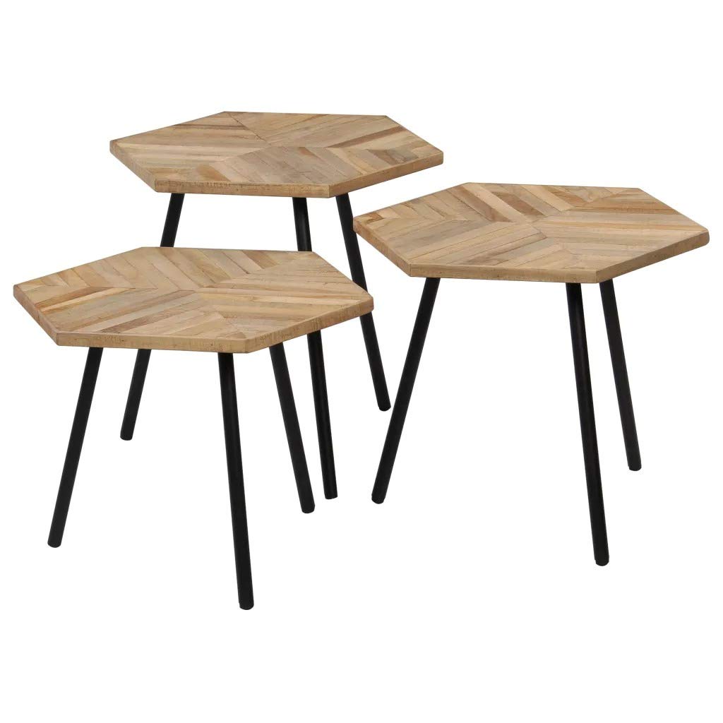 Hexagonal Coffee Table Set - 3 Piece Reclaimed Teak & Steel, Polished & Lacquered Finish | Solid, Stable & Durable Modern Furniture | Perfect for Living Room, Patio or Office Decor