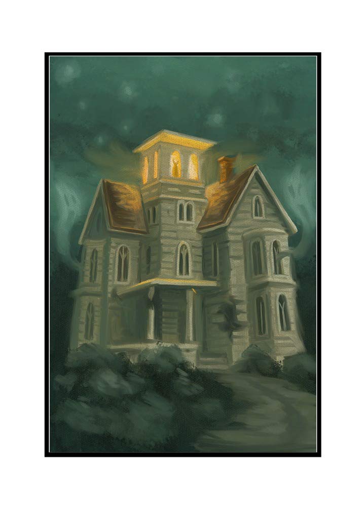 Haunted House Halloween Oil Painting - 24x36 Framed Gallery Wrapped Canvas Wall Art - Spooky Home Decor for Halloween Party & Gothic Interior Design