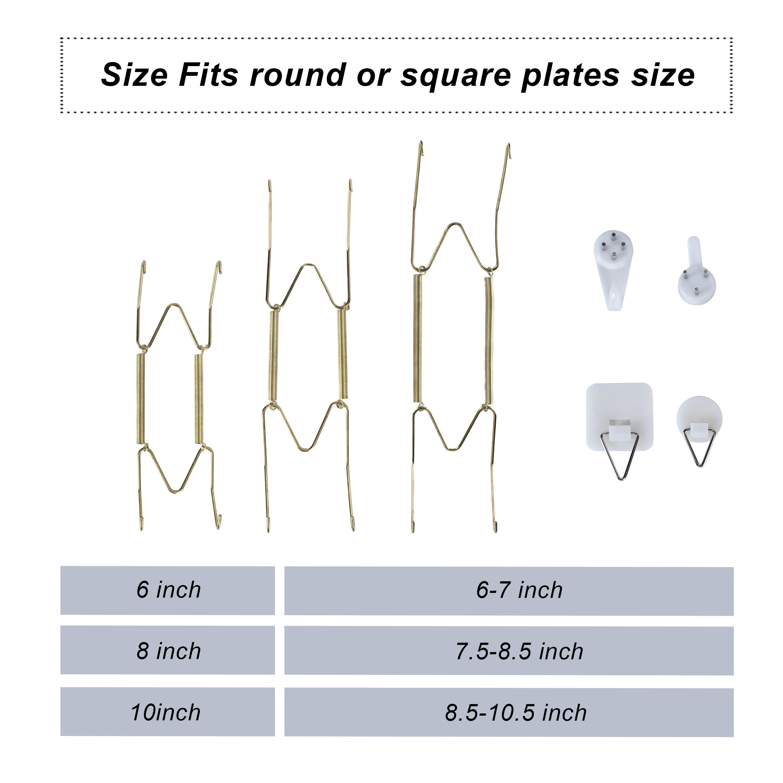 12-Piece Invisible Vertical Plate Holder Set - 6 Wall Plate Hangers with 10 Wall Hooks for Displaying Plates, Platters & Dishes (Gold, 6/8/10 Inch) - Perfect for Kitchen Decor, Dining Room Wall Art & Plate Collections