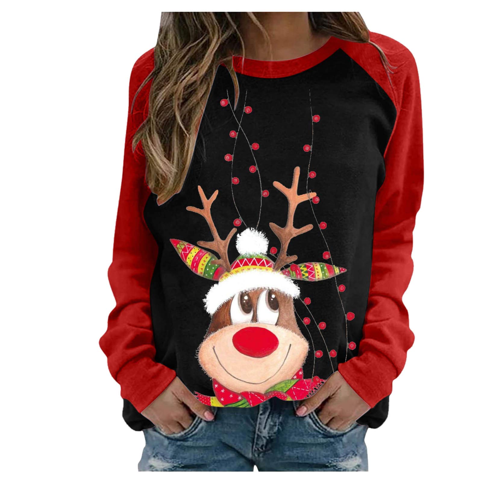 Women's Christmas Santa Elk Print Sweatshirt - Cute Long Sleeve Pullover Top for Teen Girls | Casual Loose Fit Comfy Holiday Sweater (Perfect for Xmas Parties, Family Gatherings & Winter Outfits)