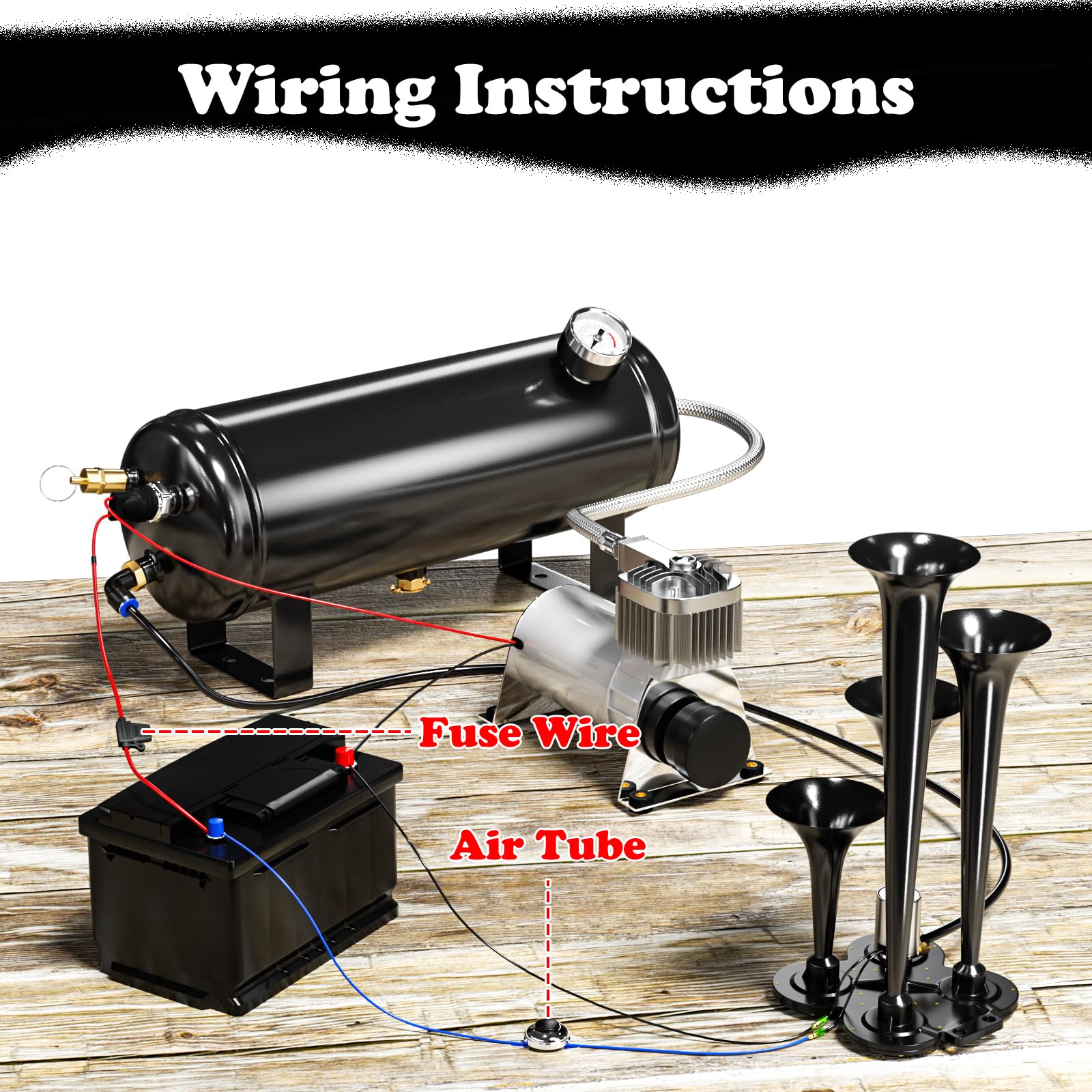 150DB Ultra Loud Train Air Horn Kit for Trucks - 4 Horns, 12V 150 PSI Air Compressor with Built-in 90-120 PSI Pressure Switch & Temperature Controller - 1.59 Gallon Black Tank - Perfect for Emergency Vehicles, Off-Roading & Marine Use