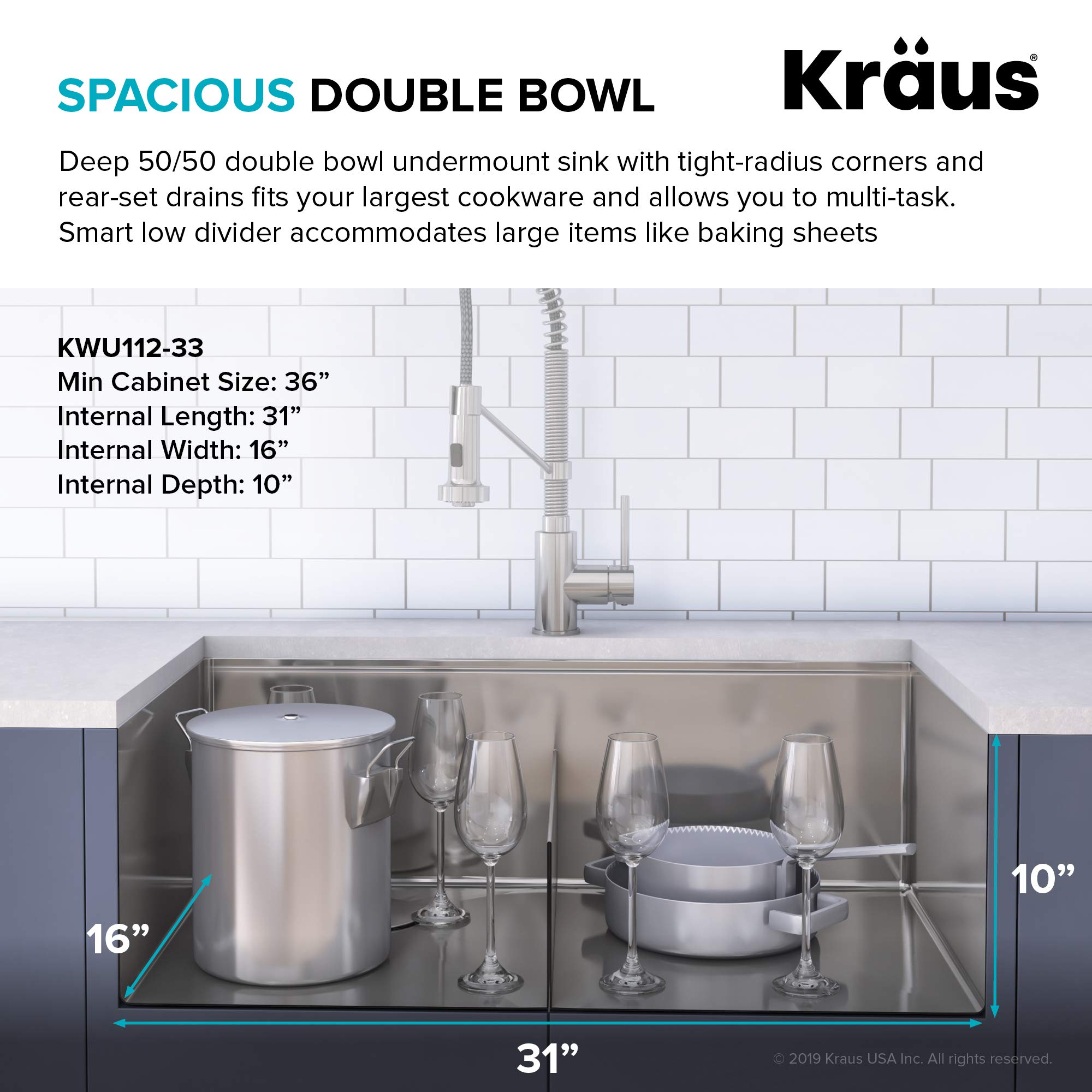 KRAUS Kore™ 33-inch Undermount Double Bowl Stainless Steel Kitchen Sink with Accessories - 16 Gauge, WasteGuard™ Garbage Disposal, KWU112-33-100-75MB - Perfect for Modern Kitchens, Meal Prep & Dishwashing