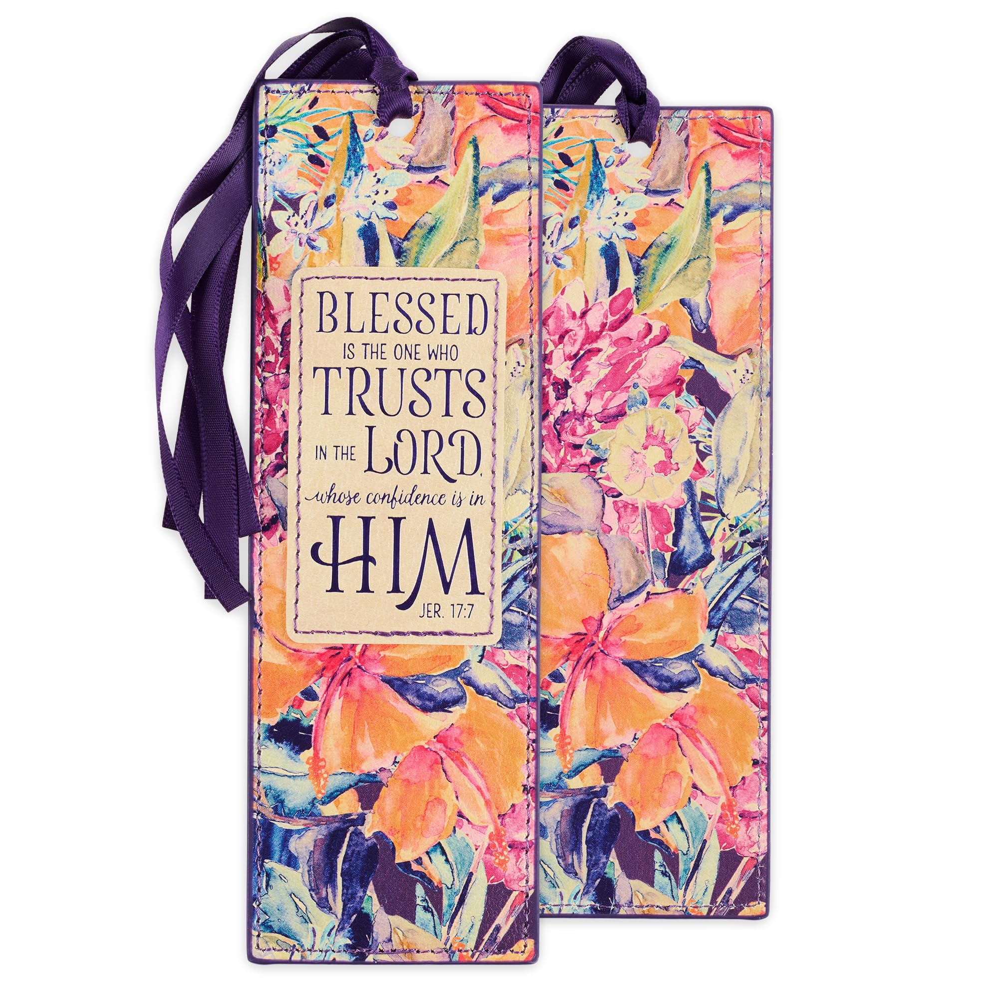 Premium Vegan Faux Leather Scripture Bookmark for Women - Blessed Is The One Jeremiah 17:7, Inspirational Bible Verse Book Accessory with Tassel, Purple Floral Design - Perfect for Bible Study, Journaling & Gift Giving