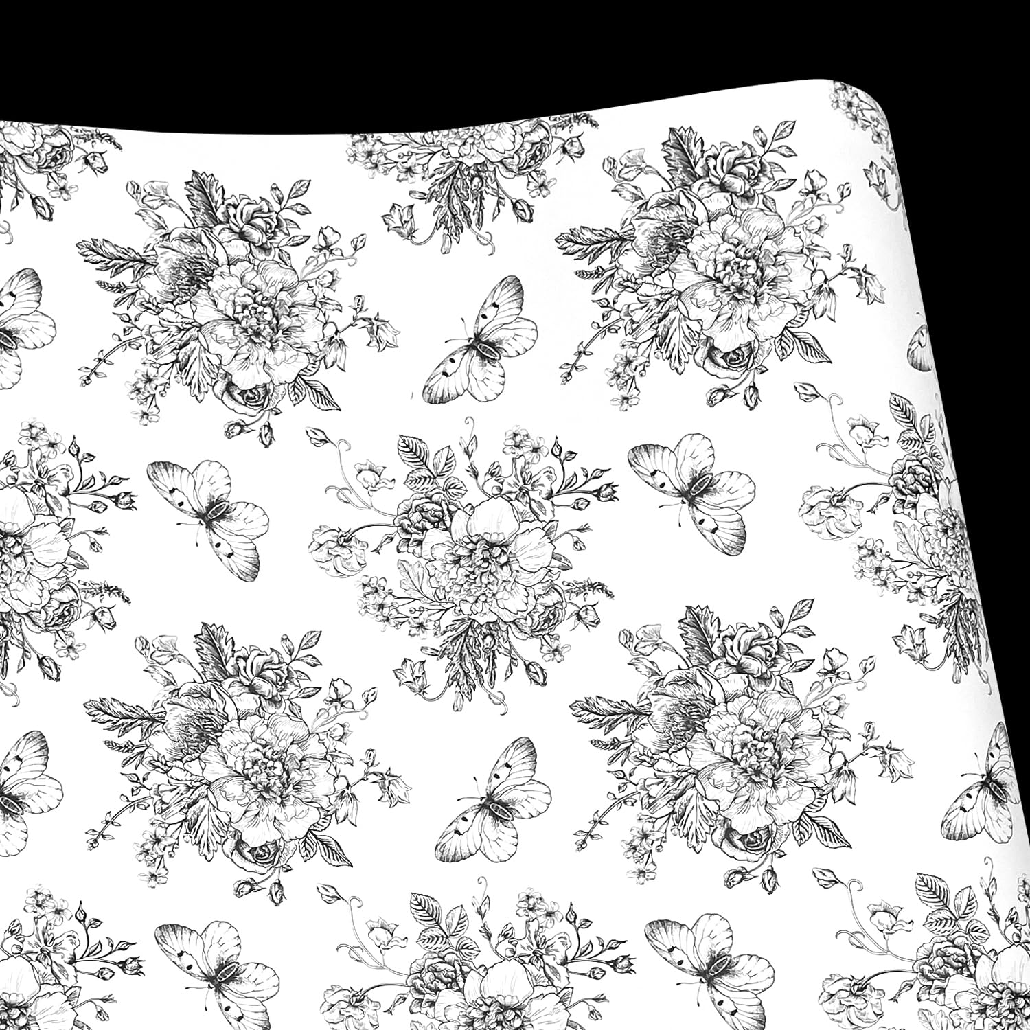 Non-Slip Removable Shelf Liner - Black White Peony Butterfly Pattern, 17.7