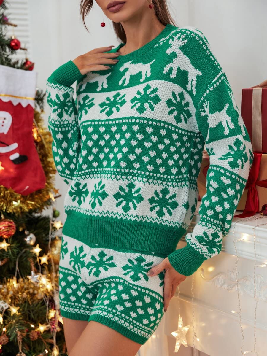 TINMIIR Women's Christmas Pattern Drop Shoulder Sweater & Knit Shorts Set - Multicolor, Size L | Cozy Holiday Outfit for Parties & Family Gatherings