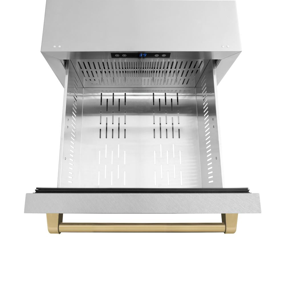 ZLINE Autograph Edition 24-inch Outdoor Rated Dual Refrigerator Drawer with Satin Stainless Steel Doors & Champagne Bronze Handles - 168 Can Capacity (RDSOZ SN 24 CB) | Perfect for Outdoor Kitchens, Patio Bars & Entertaining Spaces