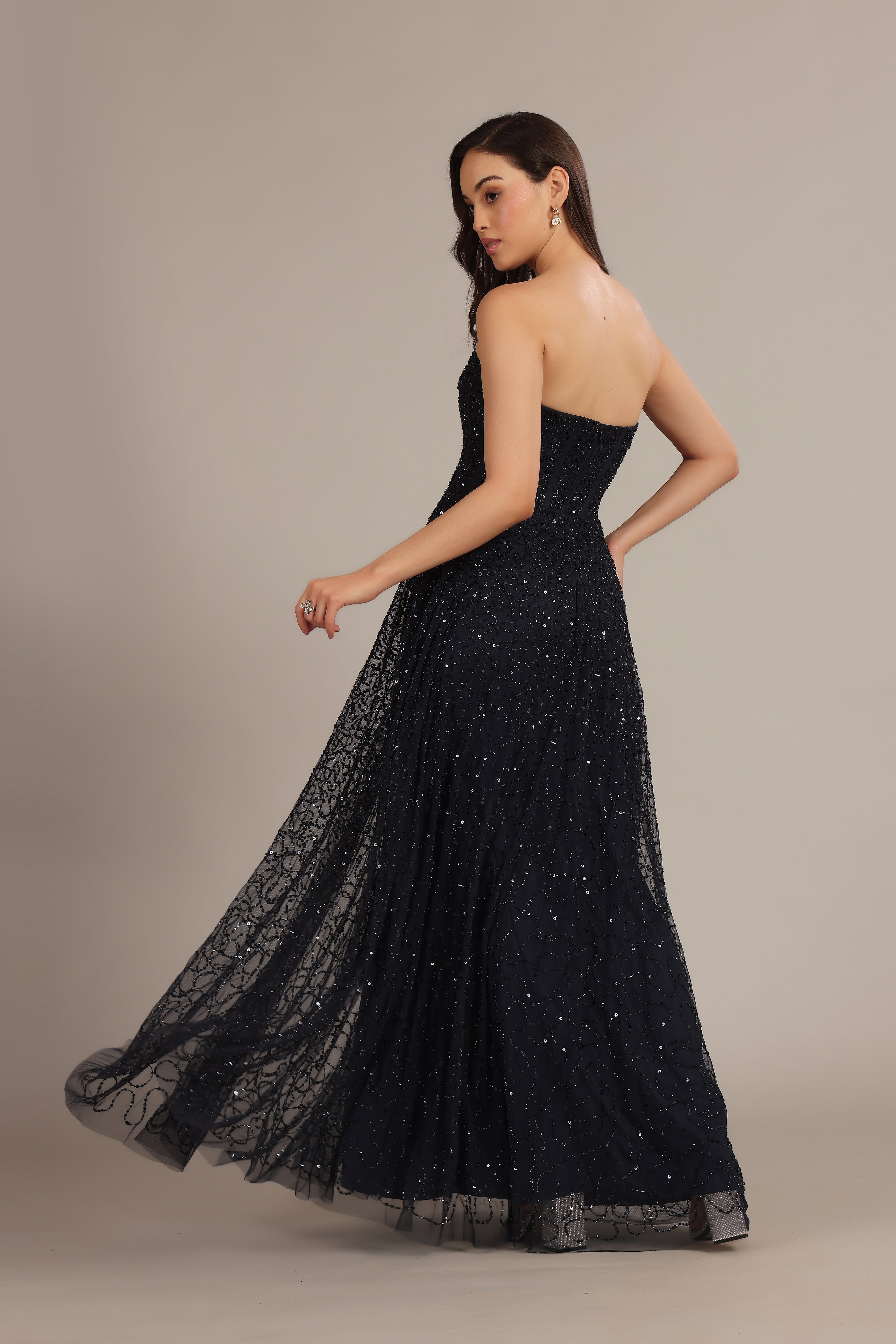 Leona Navy Blue Embellished Maxi Dress for Women - Elegant Evening Gown for Weddings, Parties & Special Occasions
