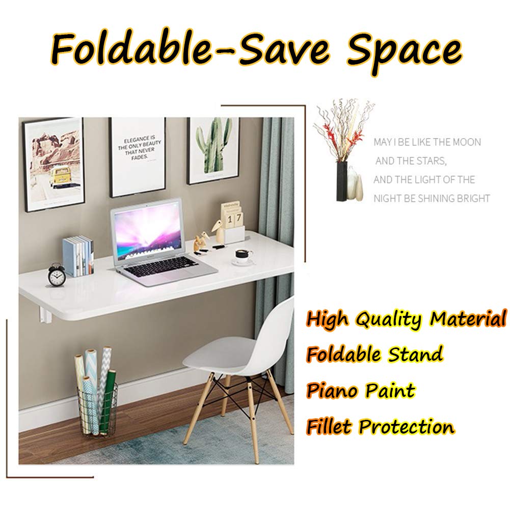 Space-Saving White Folding Computer Table - Wall-Mounted Foldable Desk for Home Office, Study, Dining & Kitchen (120x40cm/47x16in) | Easy Installation Compact Workstation for Small Spaces