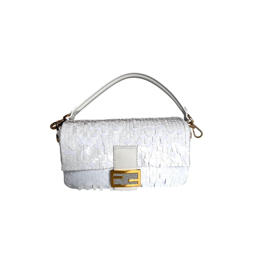 Fendi White Sequin Baguette Bag - Luxury Designer Handbag for Women | Perfect for Parties, Weddings & Evening Events