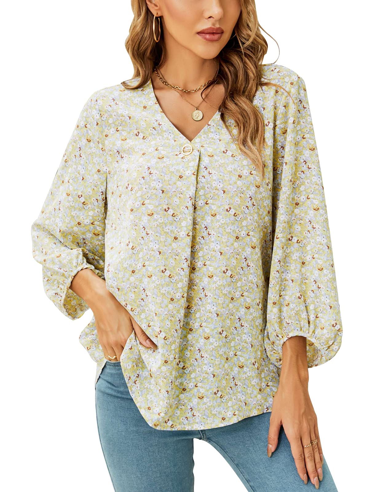 POGTMM Women's Summer Chiffon Blouse - V-Neck 3/4 Sleeve Floral Tunic Top for Casual, Office & Business Wear | Lightweight Loose Fit Shirt for Work, Date Night & Summer Outings