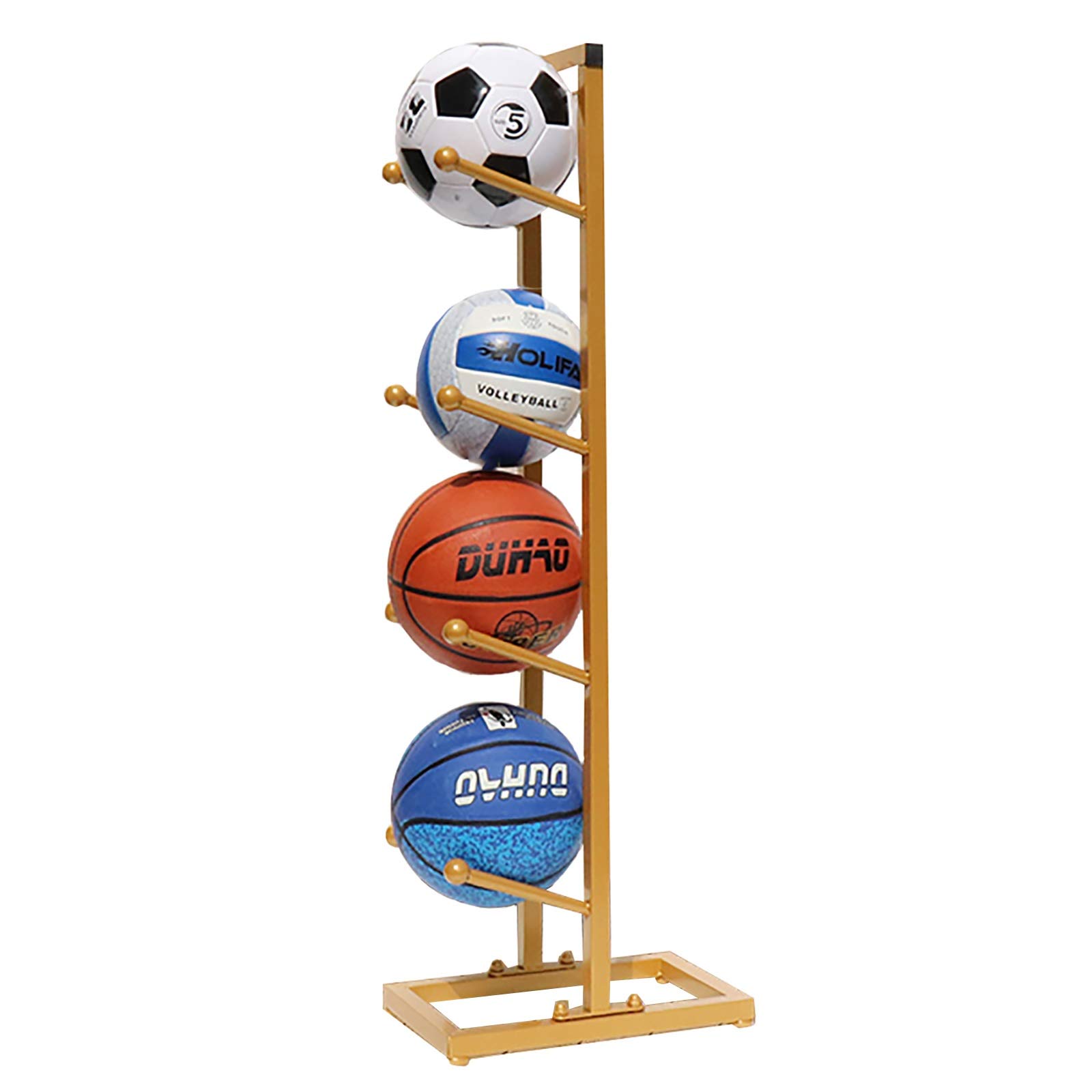 4-Tier Gold Multi-Layer Metal Ball Storage Rack - Freestanding Vertical Sports Equipment Organizer for Basketball, Football | Indoor & Garage Storage Solution | Perfect for Home Gym, Playroom & Sports Clubs