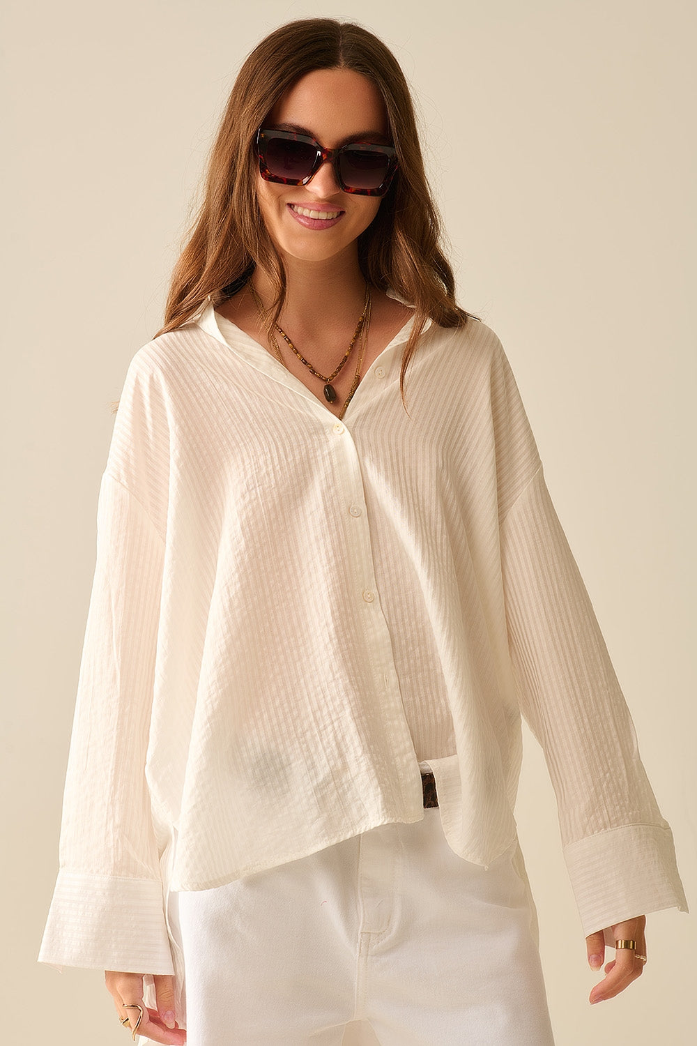 Oversized White Shirt with Back Bow Tie - Elegant Loose Fit Blouse for Women, Perfect for Casual Outings, Office Wear, and Date Nights