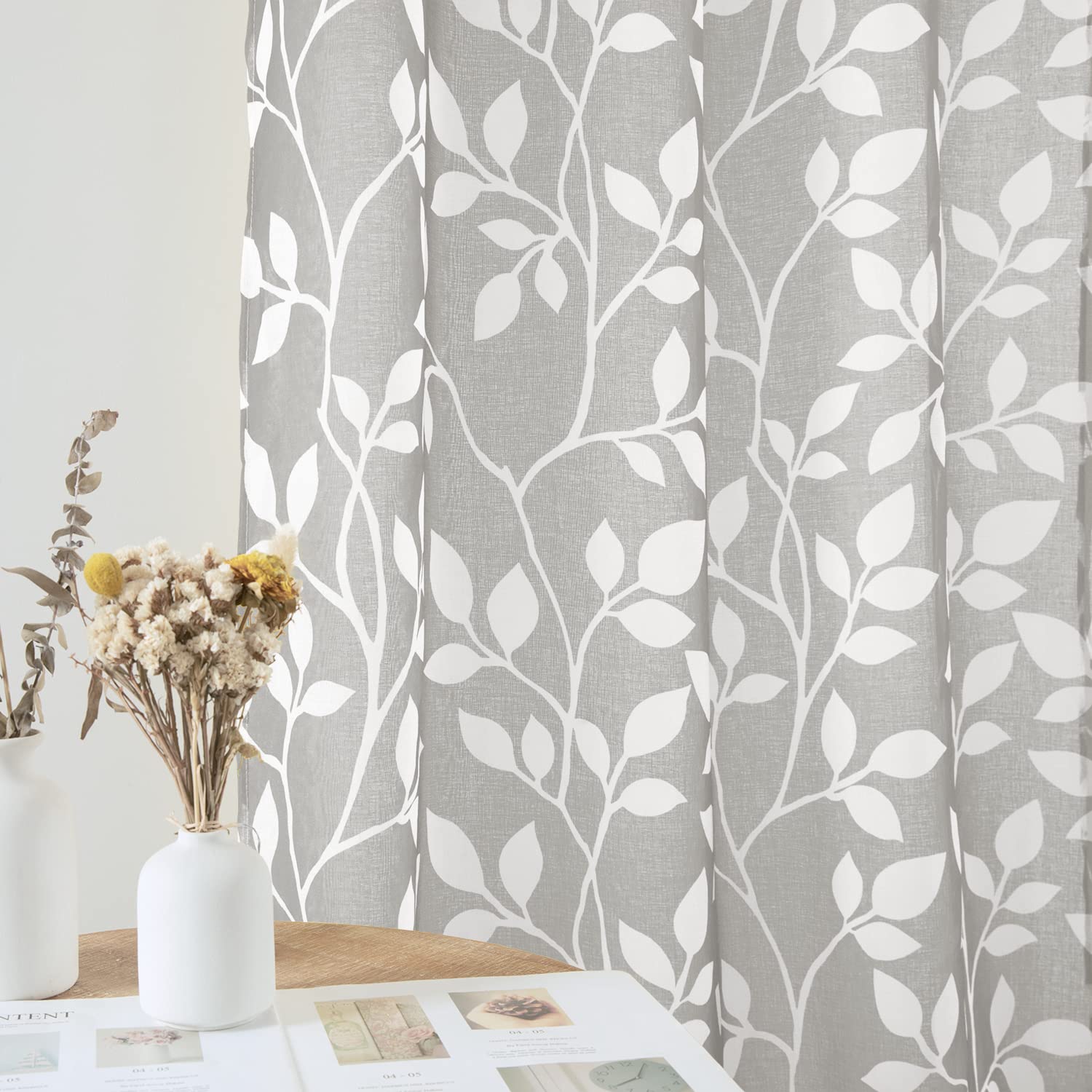 XTMYI 18 Inch Sheer Kitchen Curtain Valances Set - Tropical Leaf Design Rod Pocket Window Toppers for Living Room, Bedroom, Bathroom (Light Gray/White, Valance Only, 1 Pack) - Perfect for Small Windows & Coastal Decor
