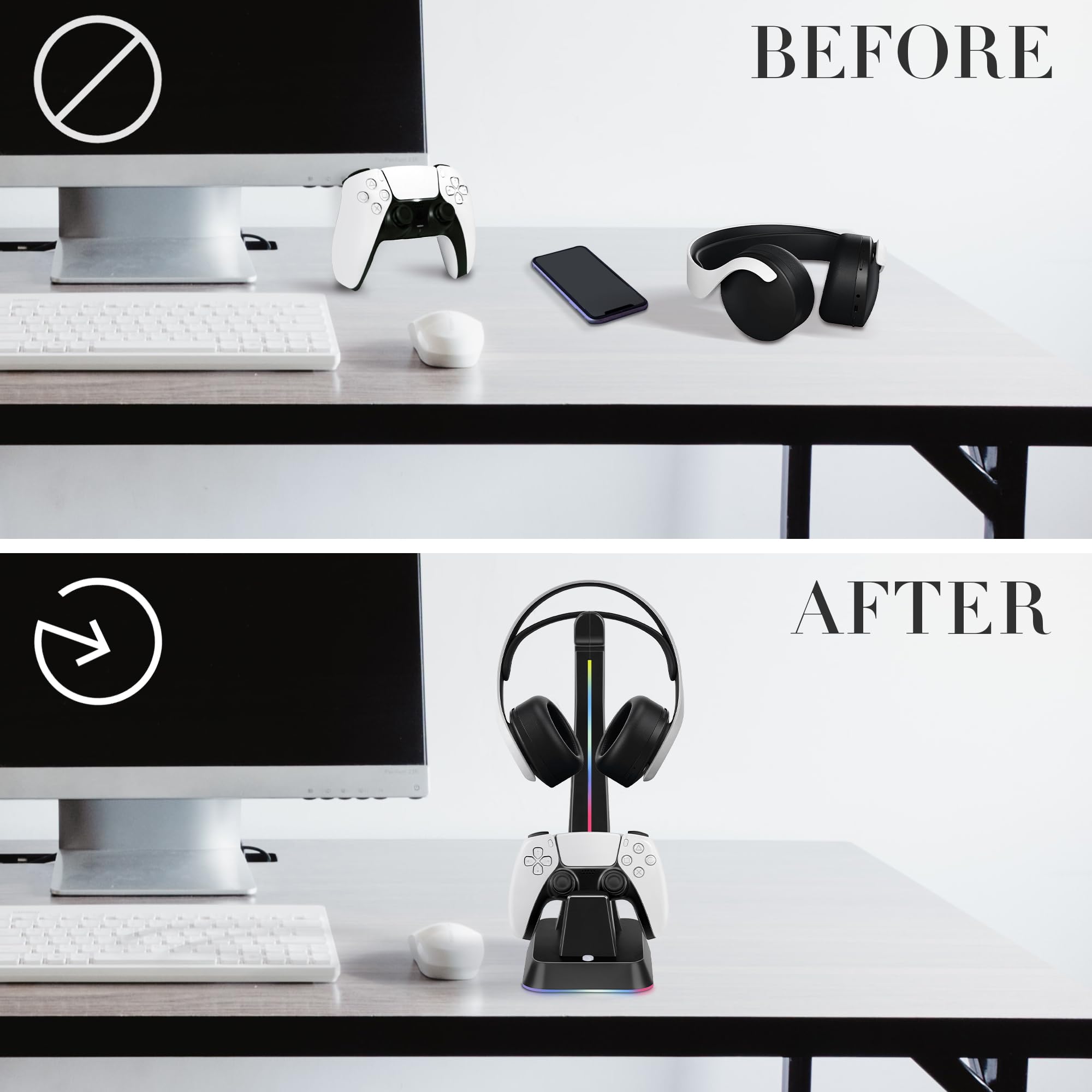 PS5 Controller Charger Station with RGB Headphone Stand & 2 USB Ports - Dual Charging Dock for PlayStation 5 Controllers & Headset - Black | Gaming Accessories for Organized Playstation 5 Setup