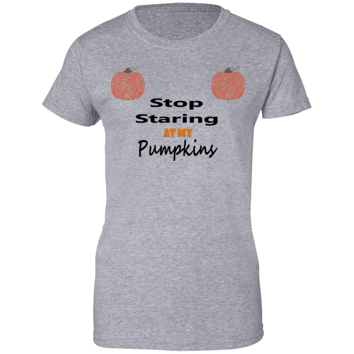 Stop Staring At My Pumpkins Women's 100% Cotton Graphic T-Shirt - Funny Fall Halloween Tee for Pumpkin Patch & Autumn Outings