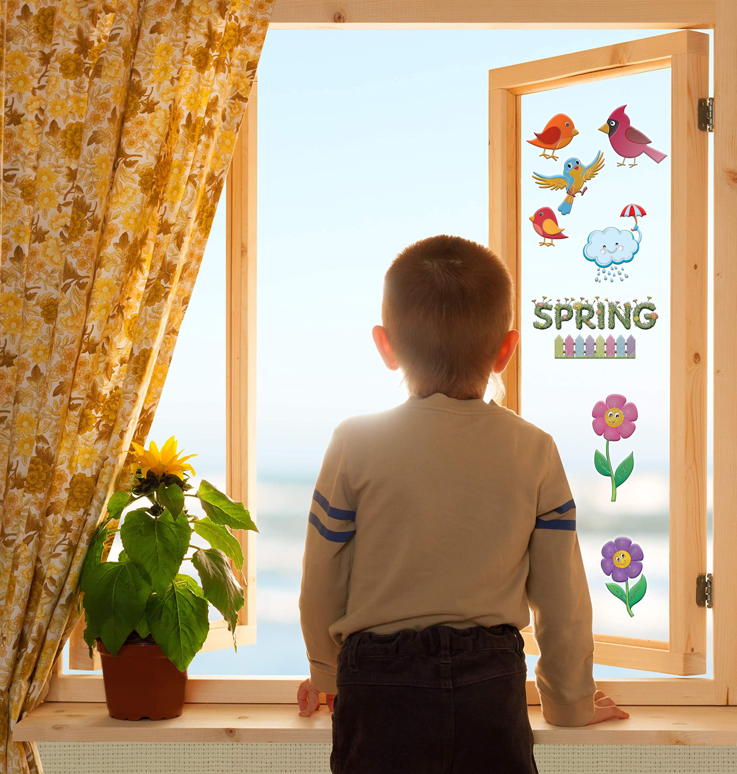 Spring Window Clings for Kids - Flowers, Birds & Bees Gel Clings - Reusable Window Stickers for Home, Car & Classroom Decor | Fun Toddler Activities & Airplane Travel | Jesplay USA