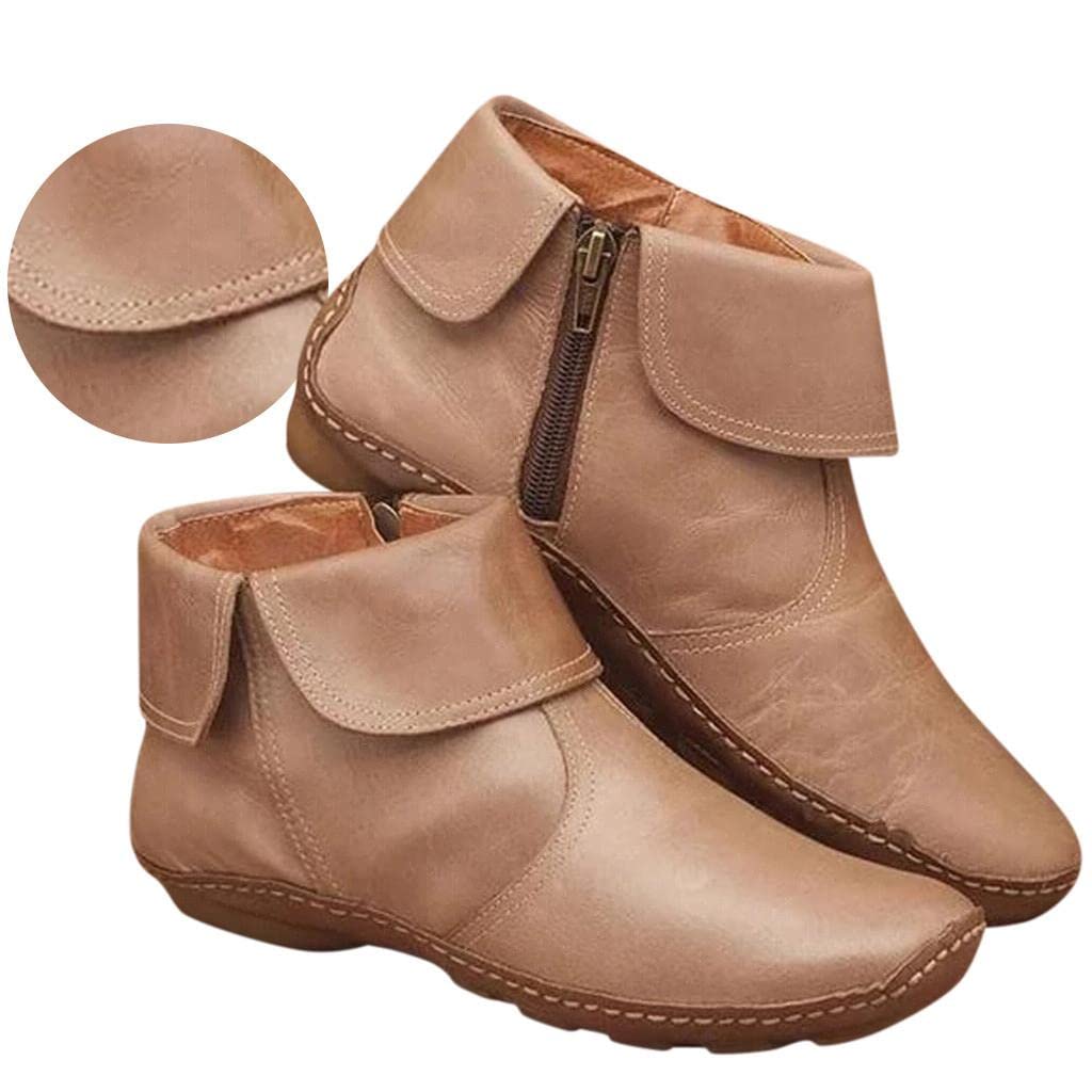 Vintage Women's Ankle Boots with Zipper - Round Toe Slip-On Flats for Wide Width, Warm Winter Fashion Booties | Perfect for Casual Outfits, Office Wear & Holiday Parties