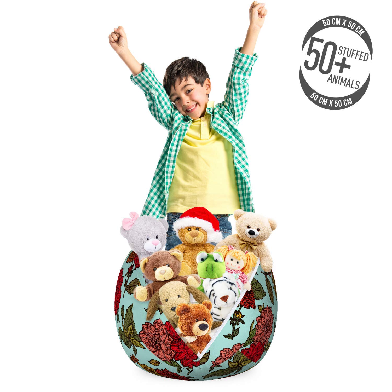Ambesonne Floral Toy Storage Bag Chair - Seafoam Background with Detailed Flowers, Washable Stuffed Animal Organizer, Small Size in Pale Blue Vermilion - Perfect for Kids' Room, Nursery, and Playroom Organization