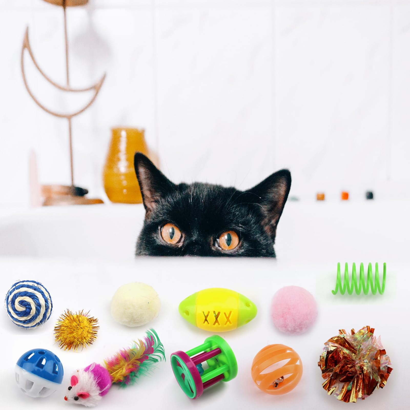 QUOZUO 32-Pack Cat Toys Variety Set - Jingle Balls, Feather Wands, Crinkle Mice & Catnip Toys for Indoor Cats & Kittens - Perfect for Playtime, Training & Bonding with Your Feline Friend