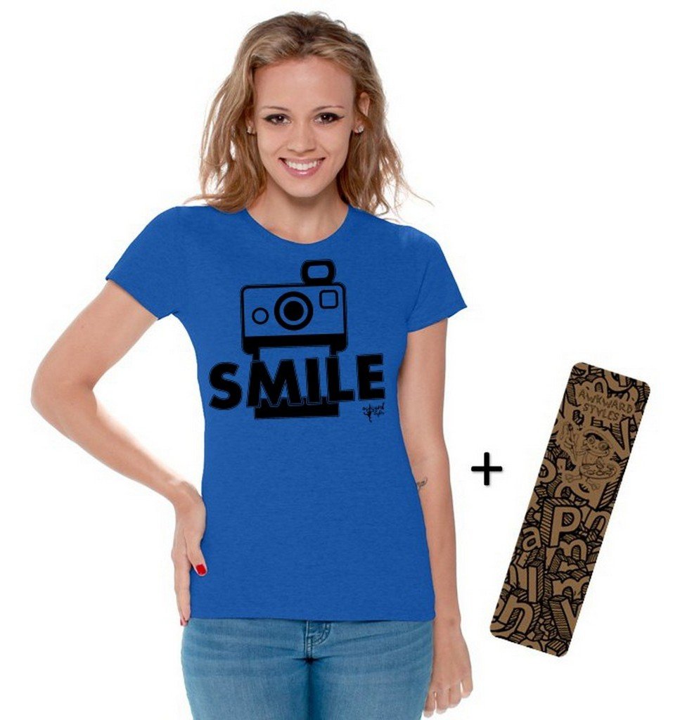 Awkwardstyles Women's Funny Smile Print T-Shirt - Black Graphic Tee with Free Bookmark - Casual Outfit for Photography Enthusiasts & Gift Ideas